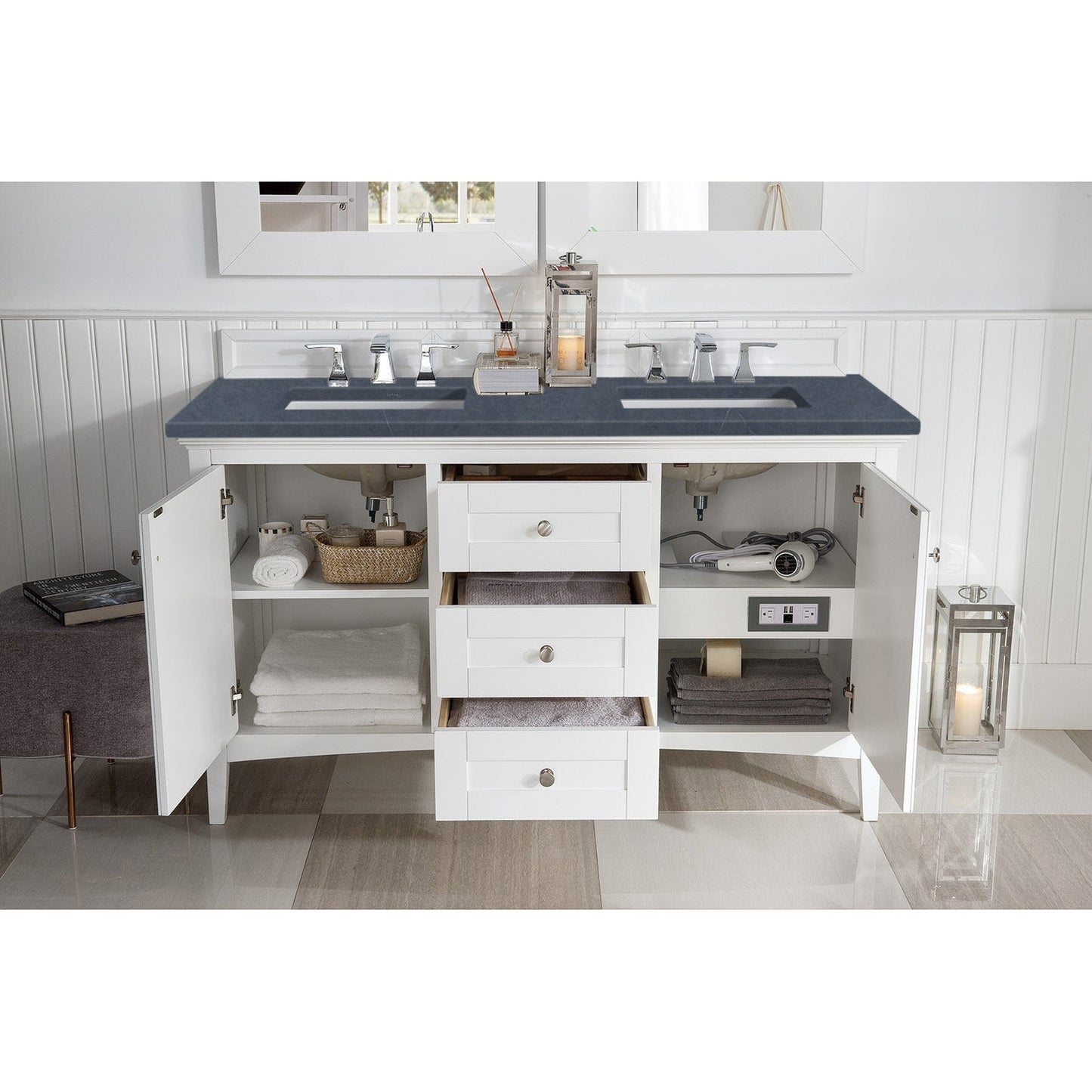 James Martin Vanities Palisades 60" Bright White Double Vanity With 3cm Charcoal Soapstone Quartz Top