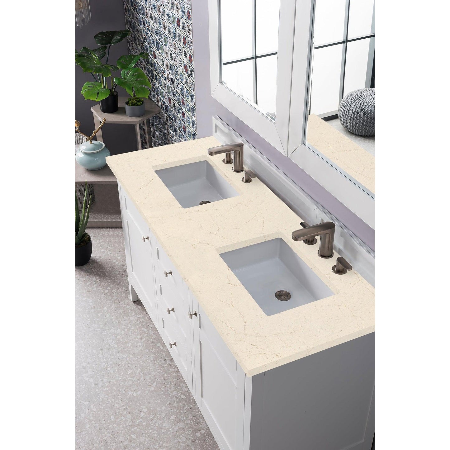 James Martin Vanities Palisades 60" Bright White Double Vanity With 3cm Eternal Marfil Quartz Top