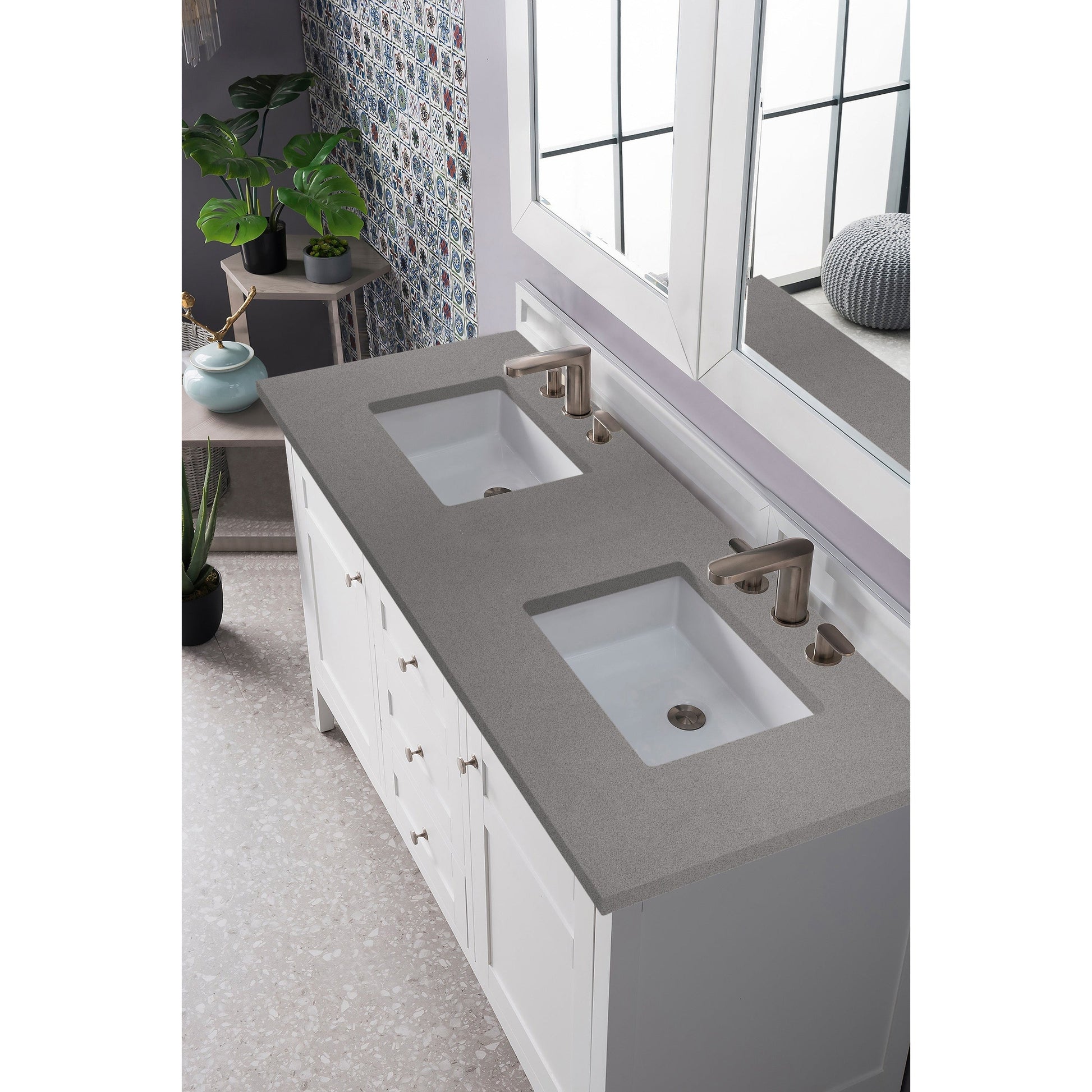 James Martin Vanities Palisades 60" Bright White Double Vanity With 3cm Grey Expo Quartz Top