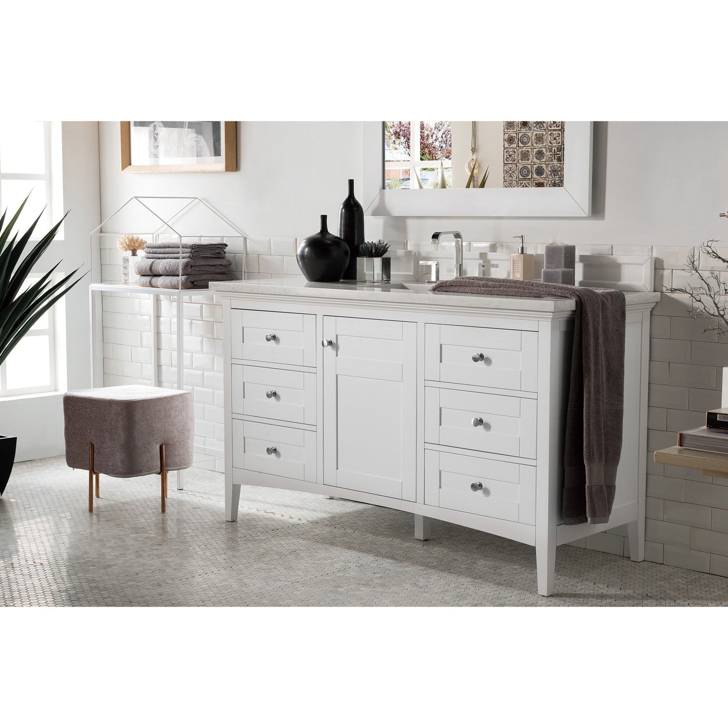 James Martin Vanities Palisades 60" Bright White Single Vanity With 3cm Arctic Fall Solid Surface Top