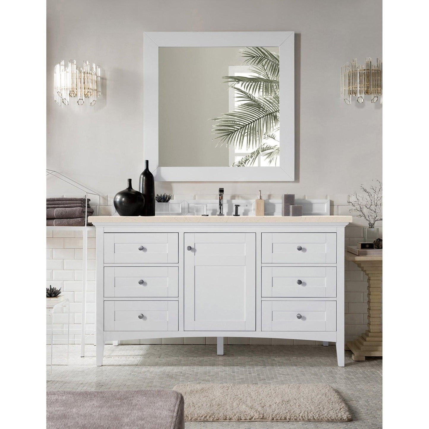 James Martin Vanities Palisades 60" Bright White Single Vanity With 3cm Eternal Marfil Quartz Top