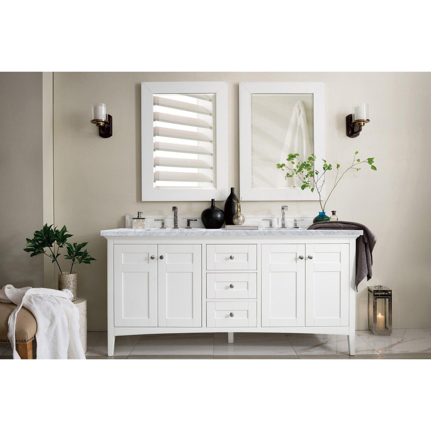 James Martin Vanities Palisades 72" Bright White Double Vanity With 3cm Carrara Marble Top