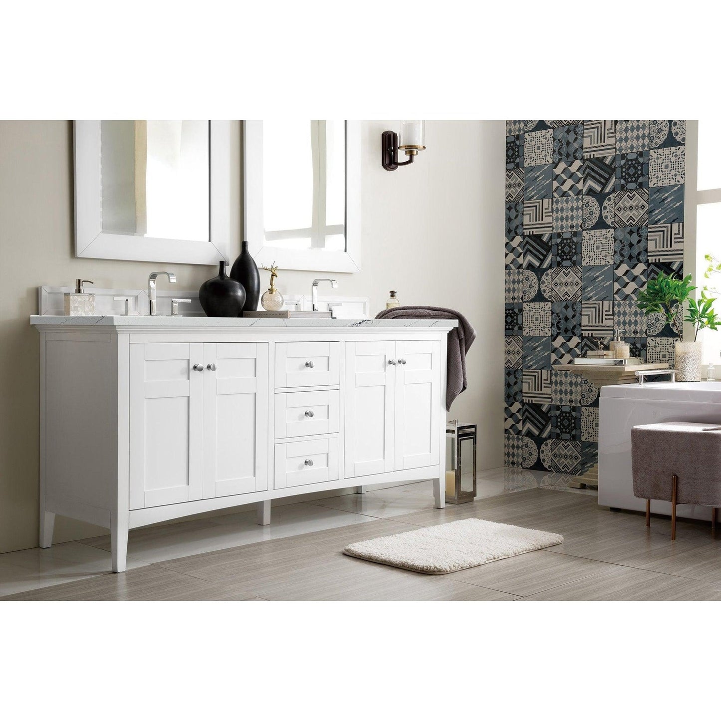 James Martin Vanities Palisades 72" Bright White Double Vanity With 3cm Ethereal Noctis Quartz Top