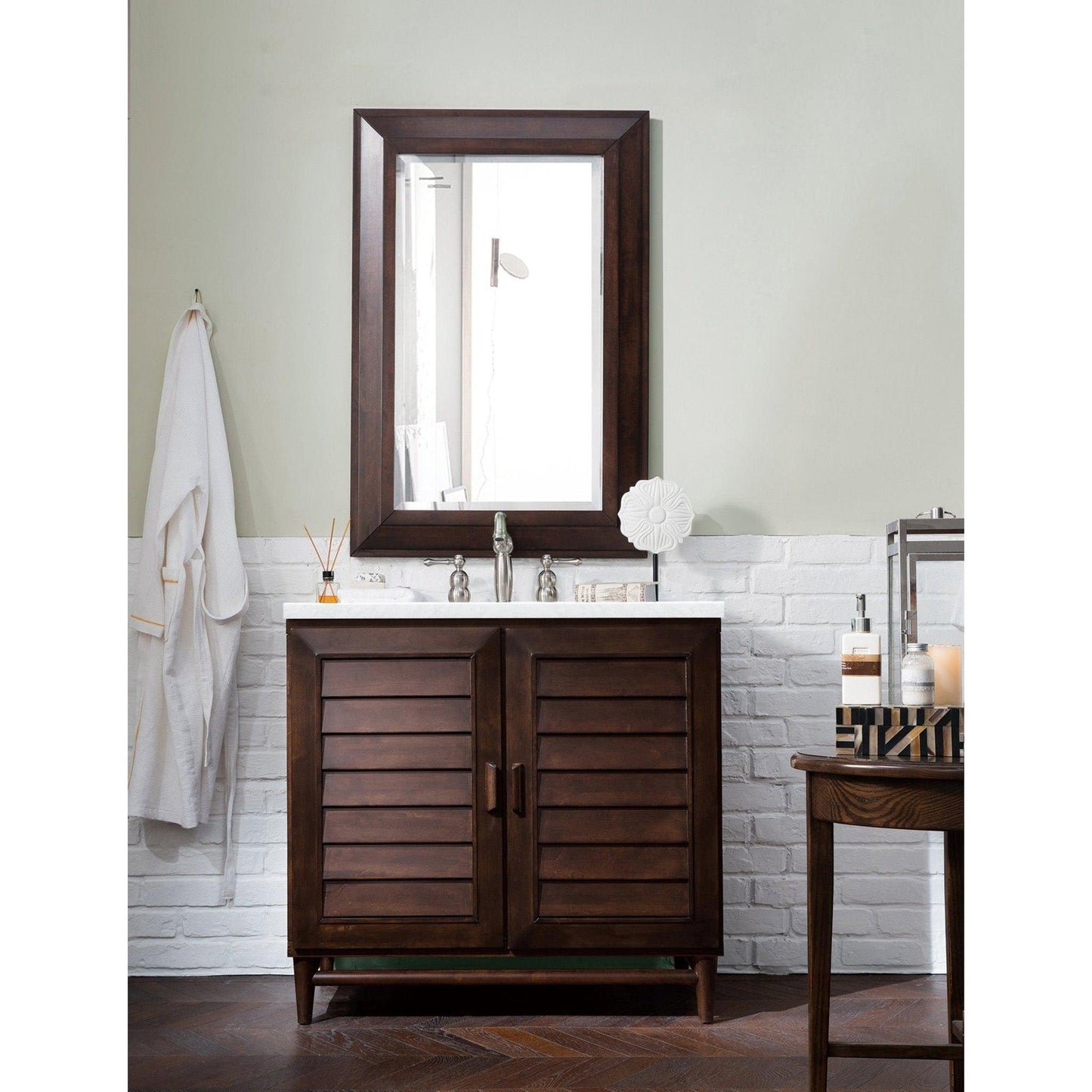 James Martin Vanities Portland 36" Burnished Mahogany Single Vanity With 3cm White Zeus Quartz Top