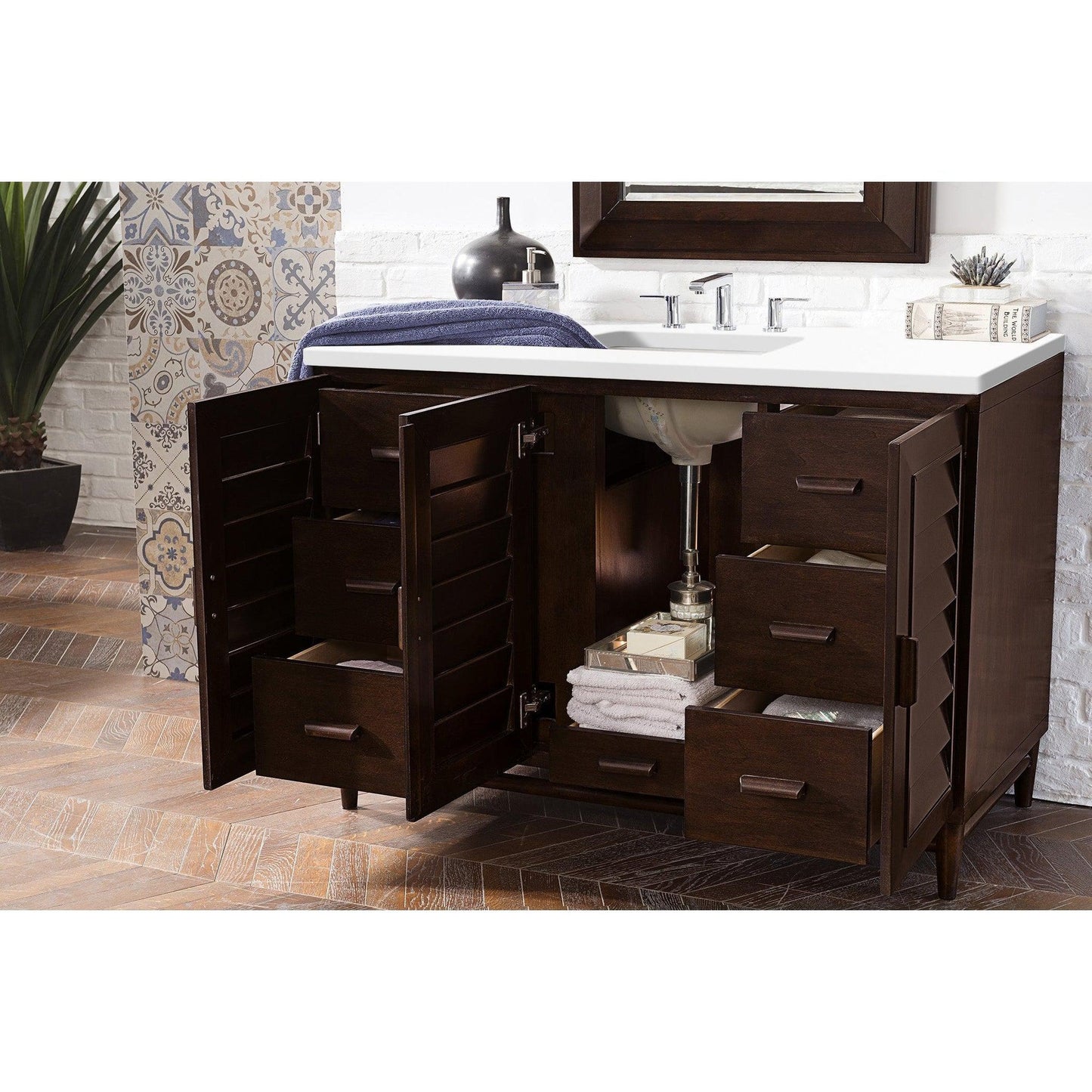 James Martin Vanities Portland 48" Burnished Mahogany Single Vanity With 3cm White Zeus Quartz Top