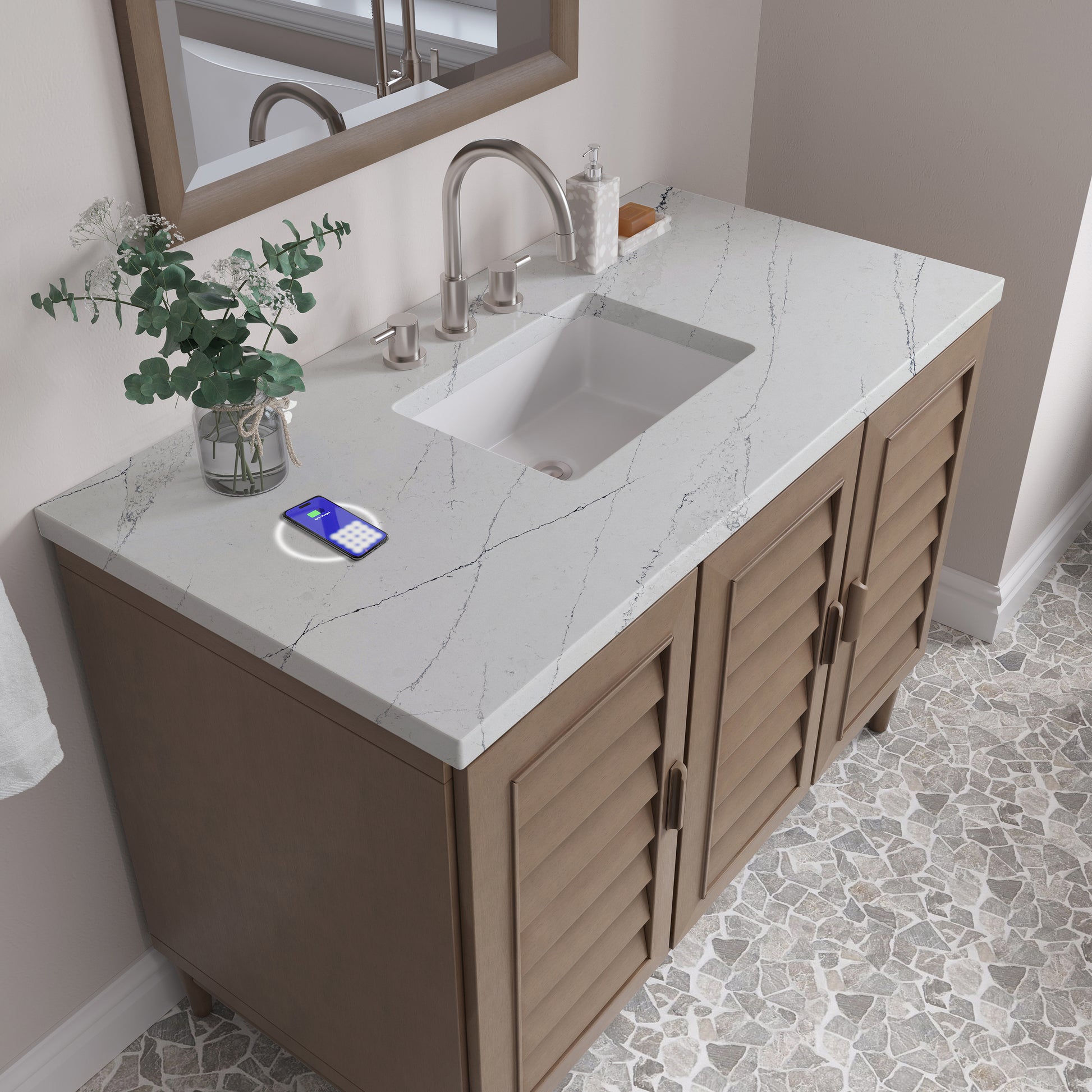 James Martin Vanities Portland 48" Whitewashed Walnut Single Vanity With 3 cm Ethereal Noctis Silestone Top and FreePower Wireless Charger