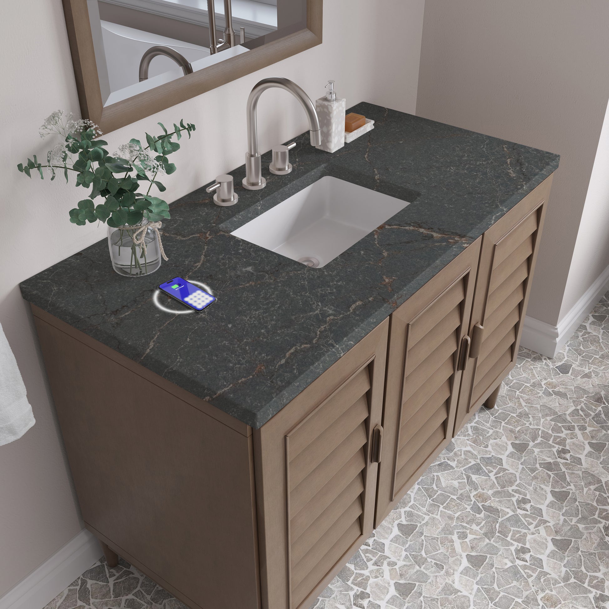 James Martin Vanities Portland 48" Whitewashed Walnut Single Vanity With 3 cm Parisien Bleu Silestone Top and FreePower Wireless Charger