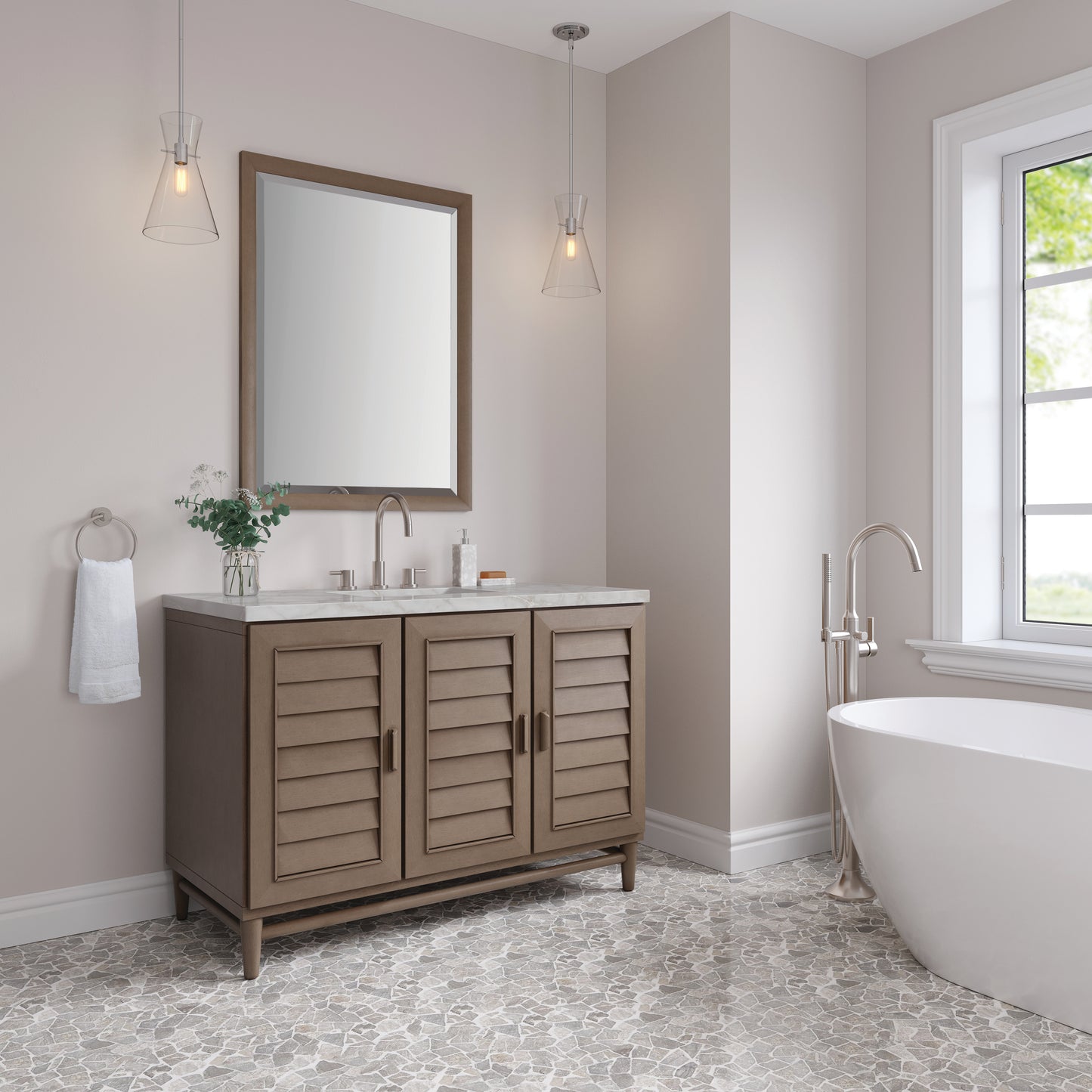 James Martin Vanities Portland 48" Whitewashed Walnut Single Vanity With 3 cm Victorian Silver Silestone Top and FreePower Wireless Charger