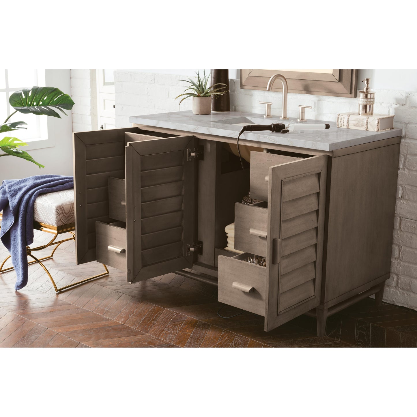 James Martin Vanities Portland 48" Whitewashed Walnut Single Vanity With 3 cm Victorian Silver Silestone Top and FreePower Wireless Charger