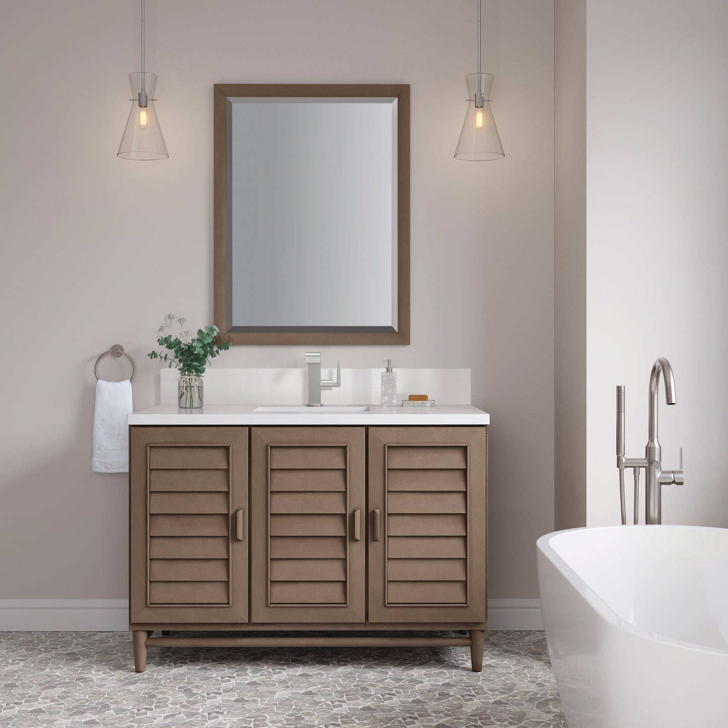 James Martin Vanities Portland 48" Whitewashed Walnut Single Vanity With Single Hole 3 cm White Zeus Quartz Top & Backsplash