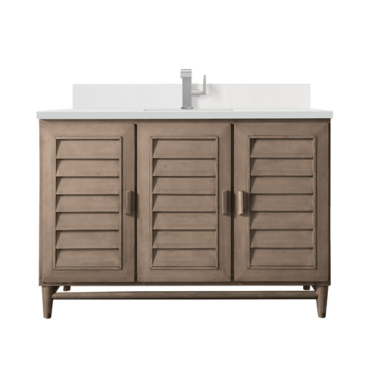 James Martin Vanities Portland 48" Whitewashed Walnut Single Vanity With Single Hole 3 cm White Zeus Quartz Top & Backsplash