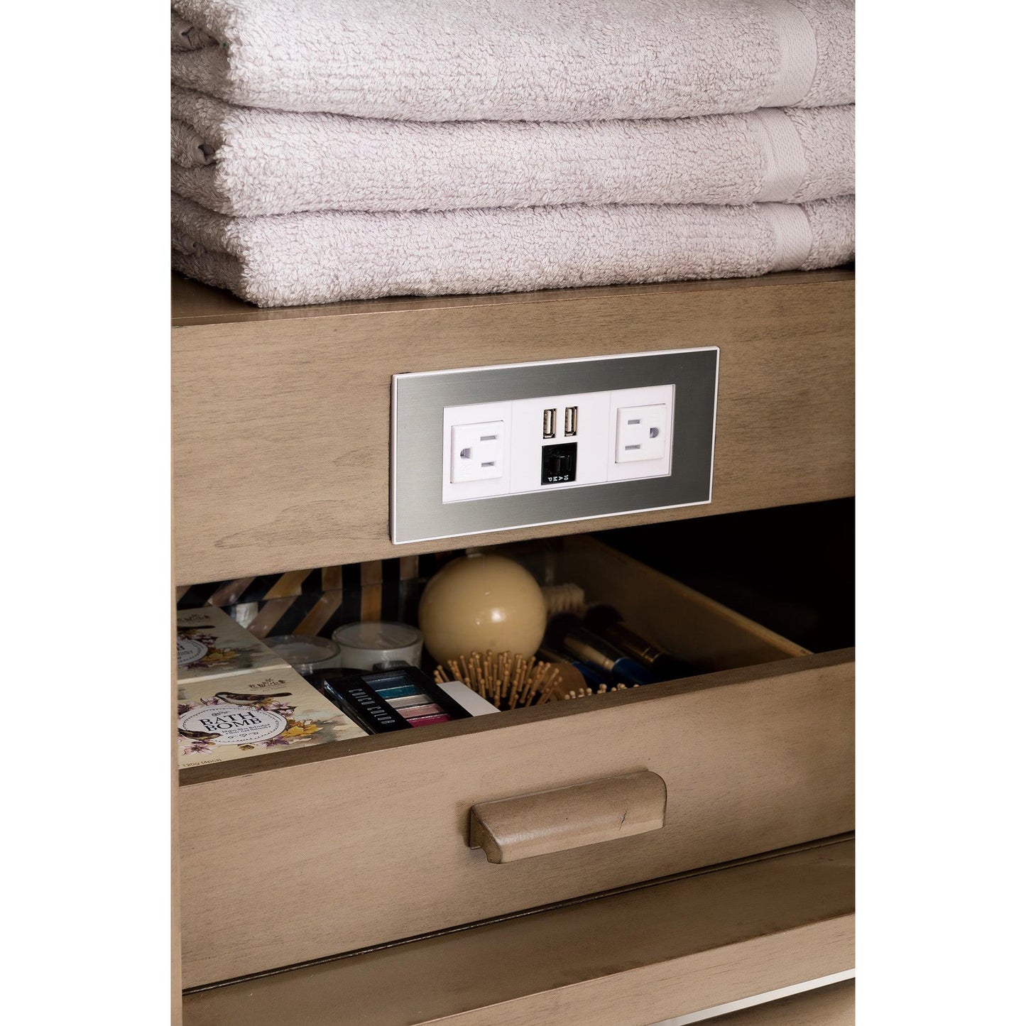 James Martin Vanities Portland 60" Whitewashed Walnut Double Vanity With 3 cm Eternal Jasmine Pearl Silestone Top and FreePower Wireless Charger