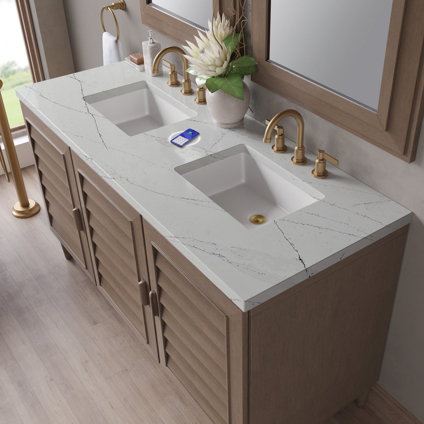 James Martin Vanities Portland 60" Whitewashed Walnut Double Vanity With 3 cm Ethereal Noctis Silestone Top and FreePower Wireless Charger