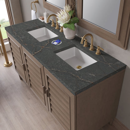 James Martin Vanities Portland 60" Whitewashed Walnut Double Vanity With 3 cm Parisien Bleu Silestone Top and FreePower Wireless Charger