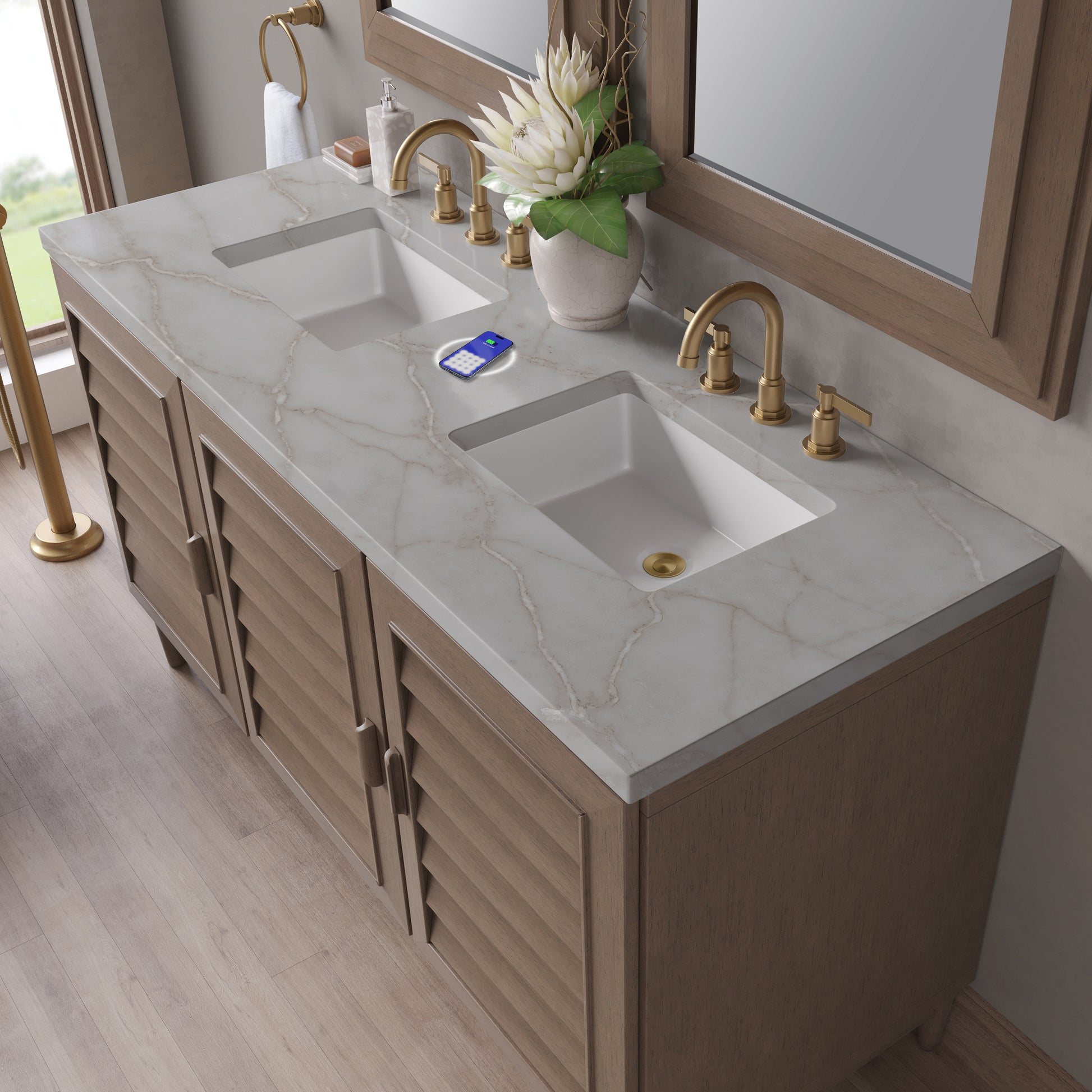 James Martin Vanities Portland 60" Whitewashed Walnut Double Vanity With 3 cm Victorian Silver Silestone Top and FreePower Wireless Charger