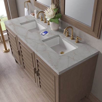 James Martin Vanities Portland 60" Whitewashed Walnut Double Vanity With 3 cm Victorian Silver Silestone Top and FreePower Wireless Charger