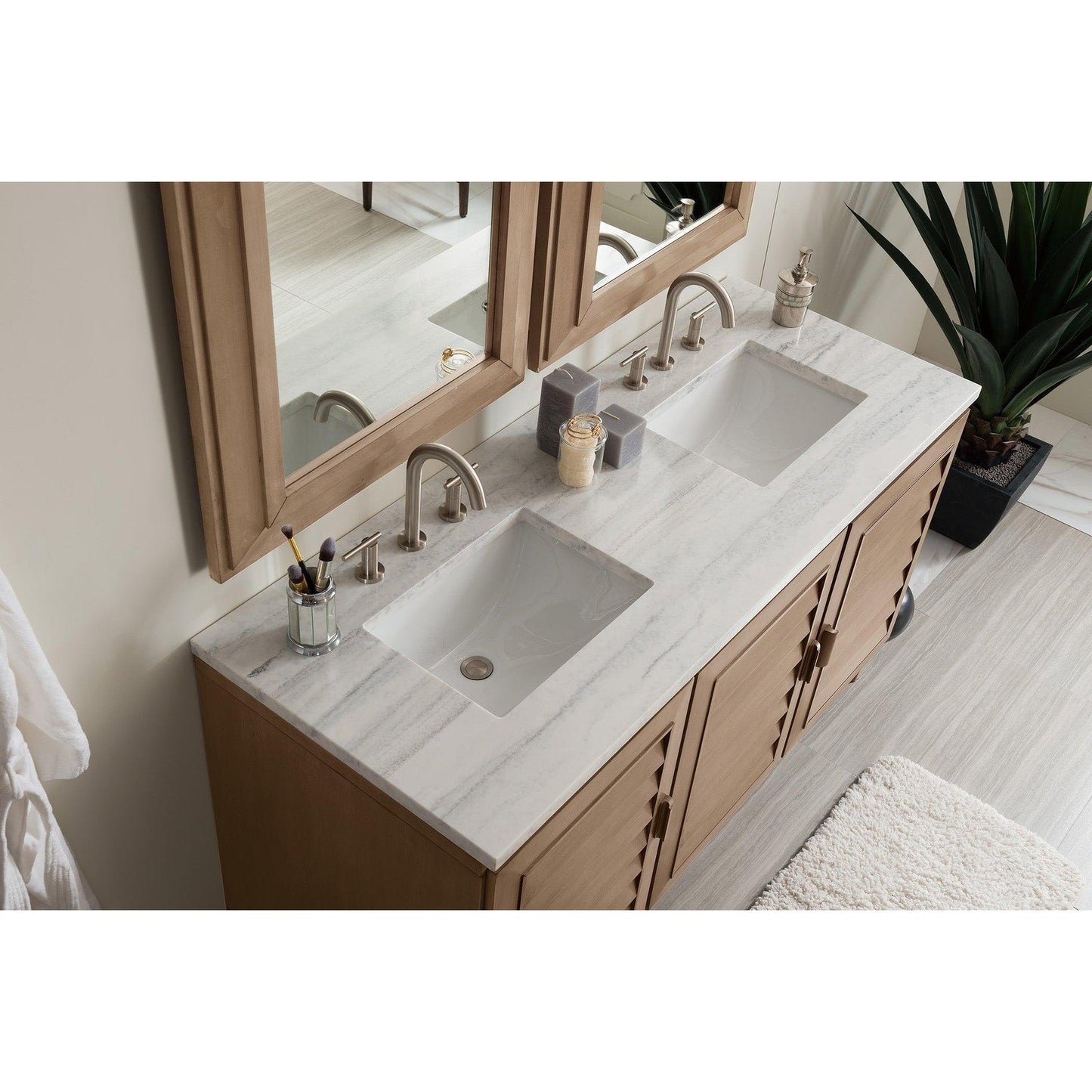 James Martin Vanities Portland 60" Whitewashed Walnut Double Vanity With 3cm Arctic Fall Solid Surface Top