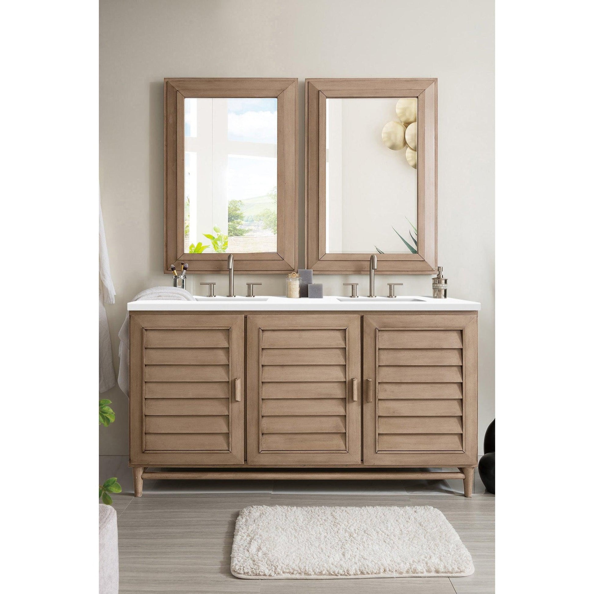 James Martin Vanities Portland 60" Whitewashed Walnut Double Vanity With 3cm White Zeus Quartz Top