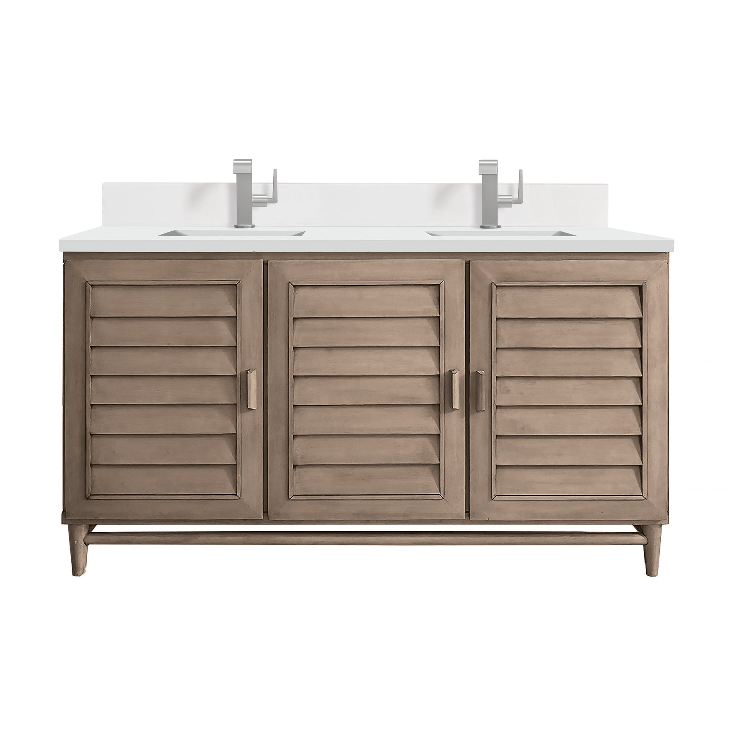 James Martin Vanities Portland 60" Whitewashed Walnut Double Vanity With Single Hole 3 cm White Zeus Quartz Top & Backsplash