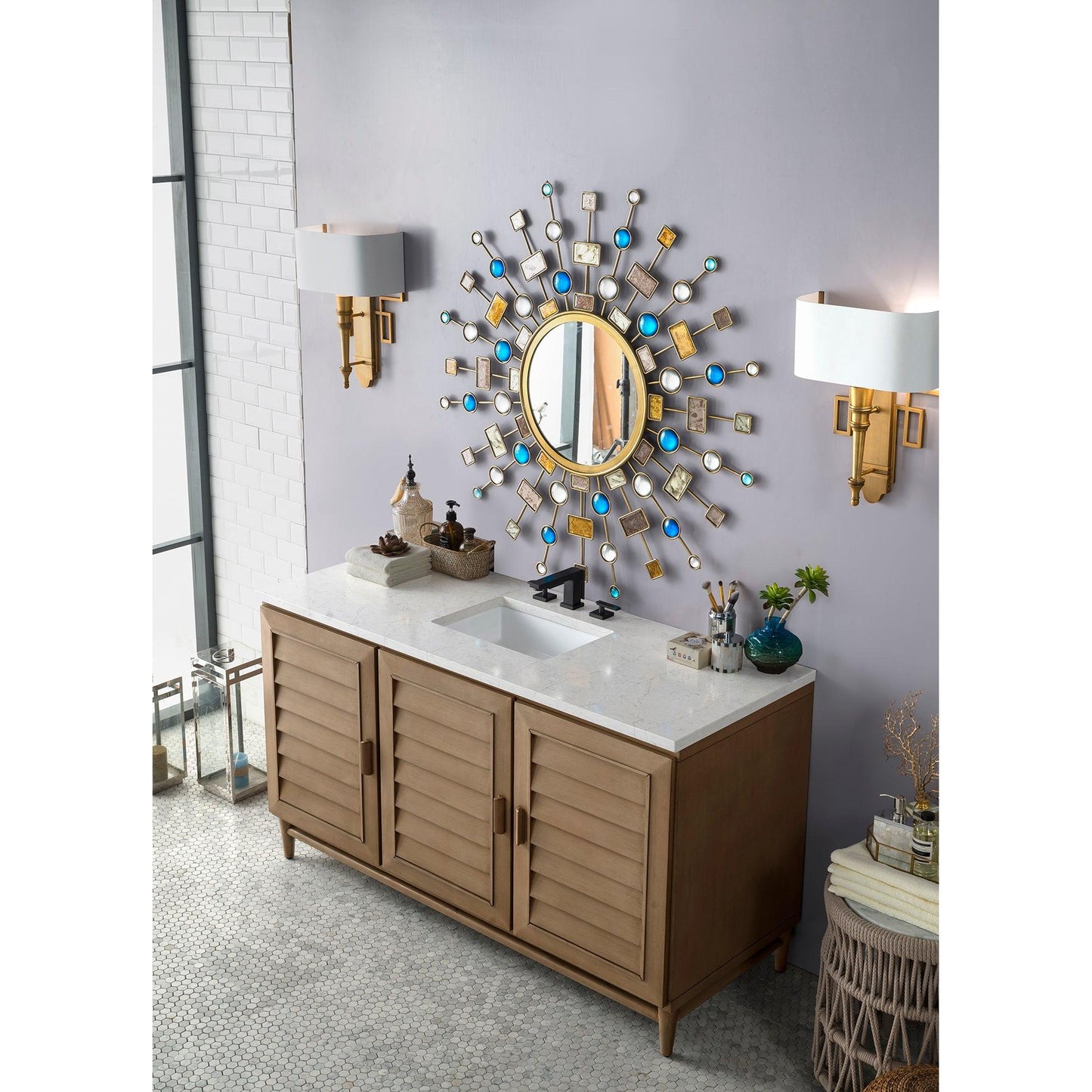 James Martin Vanities Portland 60" Whitewashed Walnut Single Vanity With 3 cm Eternal Jasmine Pearl Silestone Top and FreePower Wireless Charger