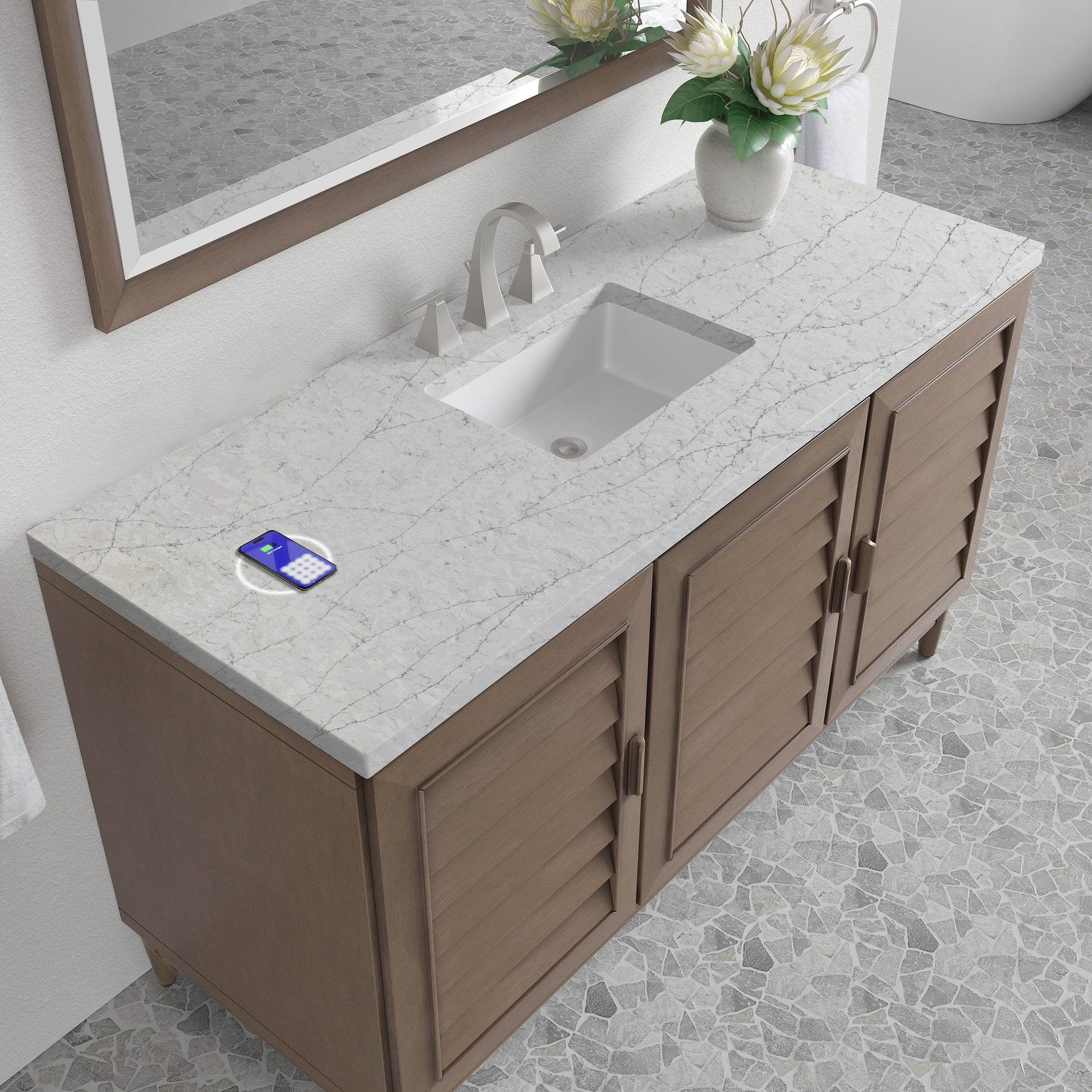 James Martin Vanities Portland 60" Whitewashed Walnut Single Vanity With 3 cm Eternal Jasmine Pearl Silestone Top and FreePower Wireless Charger
