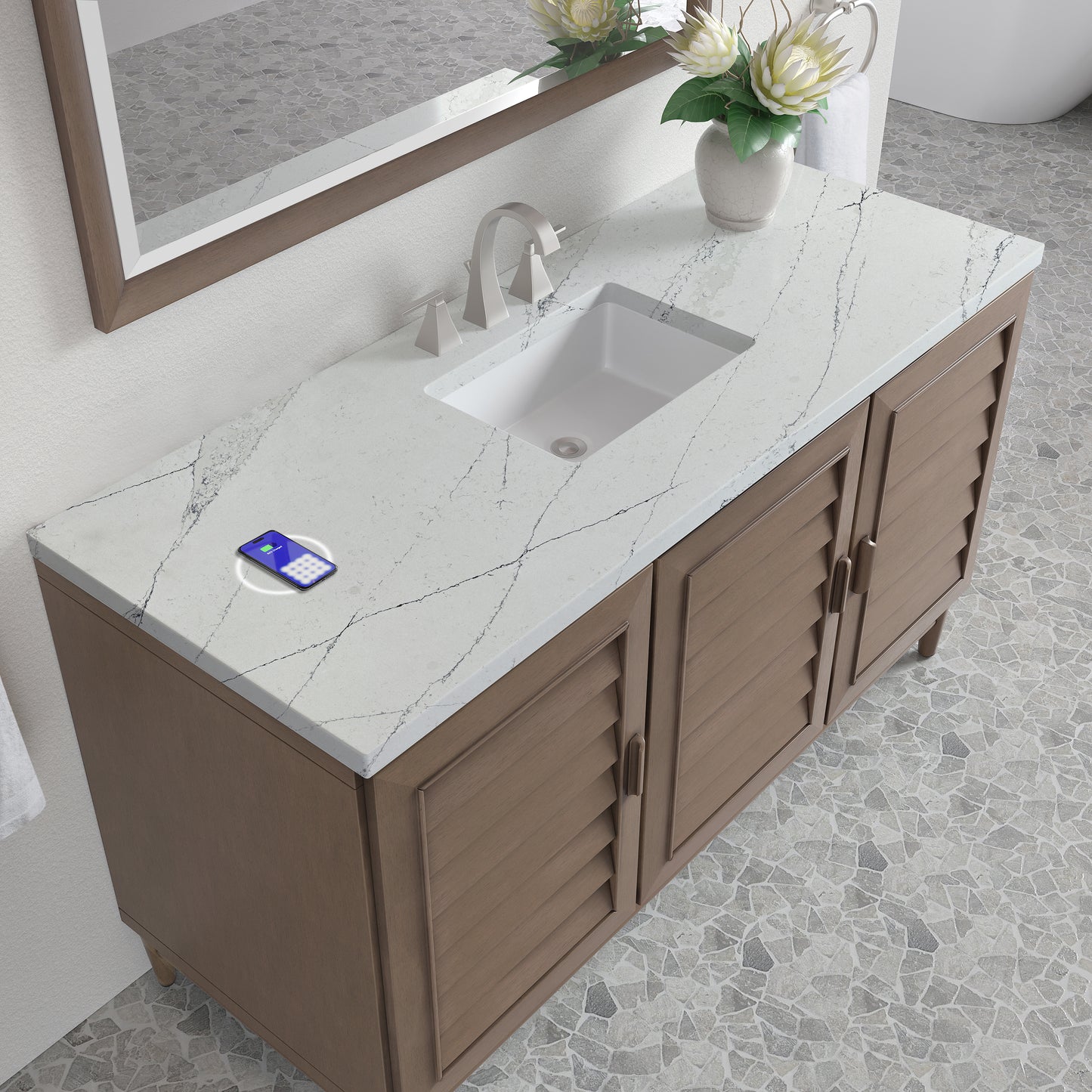 James Martin Vanities Portland 60" Whitewashed Walnut Single Vanity With 3 cm Ethereal Noctis Silestone Top and FreePower Wireless Charger