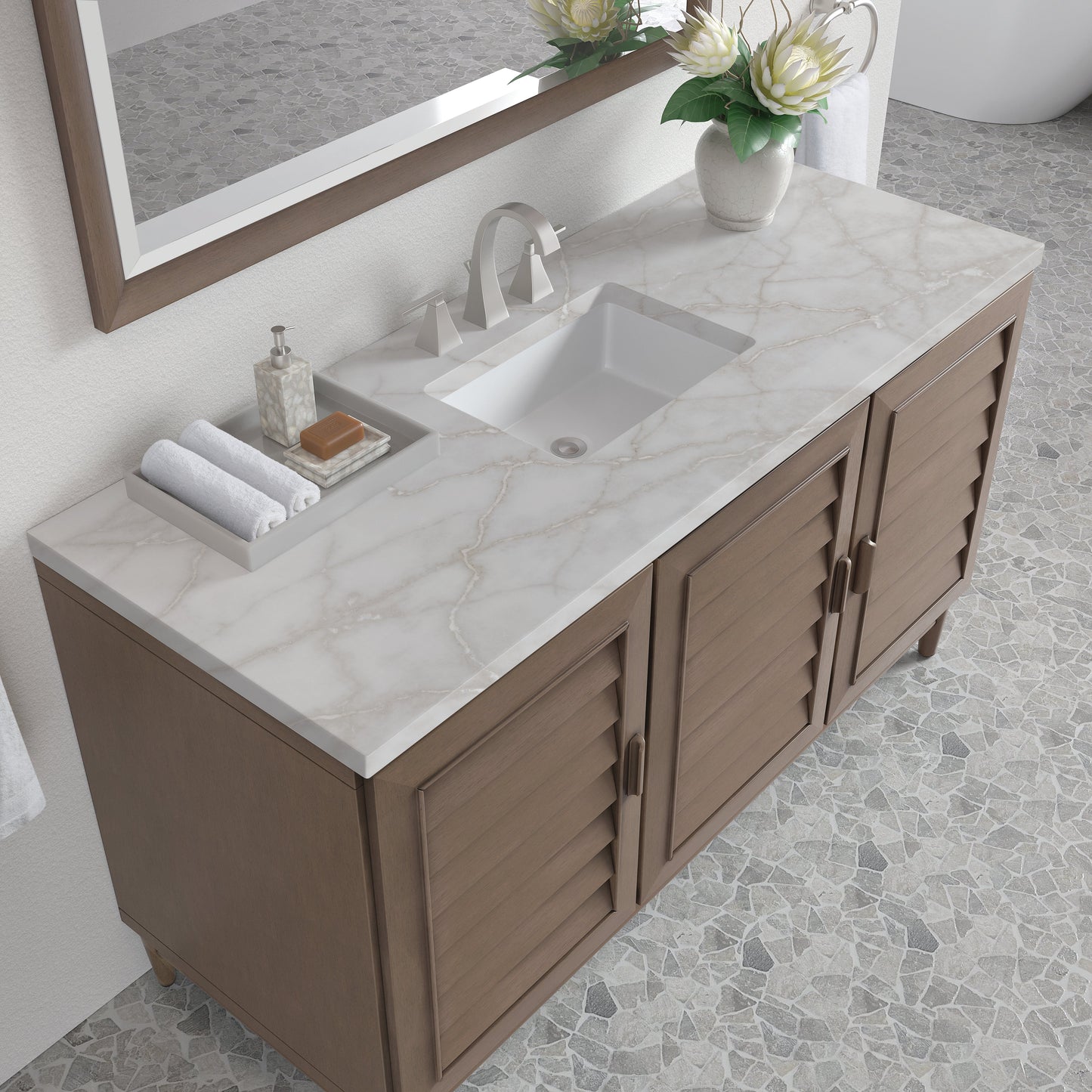 James Martin Vanities Portland 60" Whitewashed Walnut Single Vanity With 3 cm Victorian Silver Quartz Top