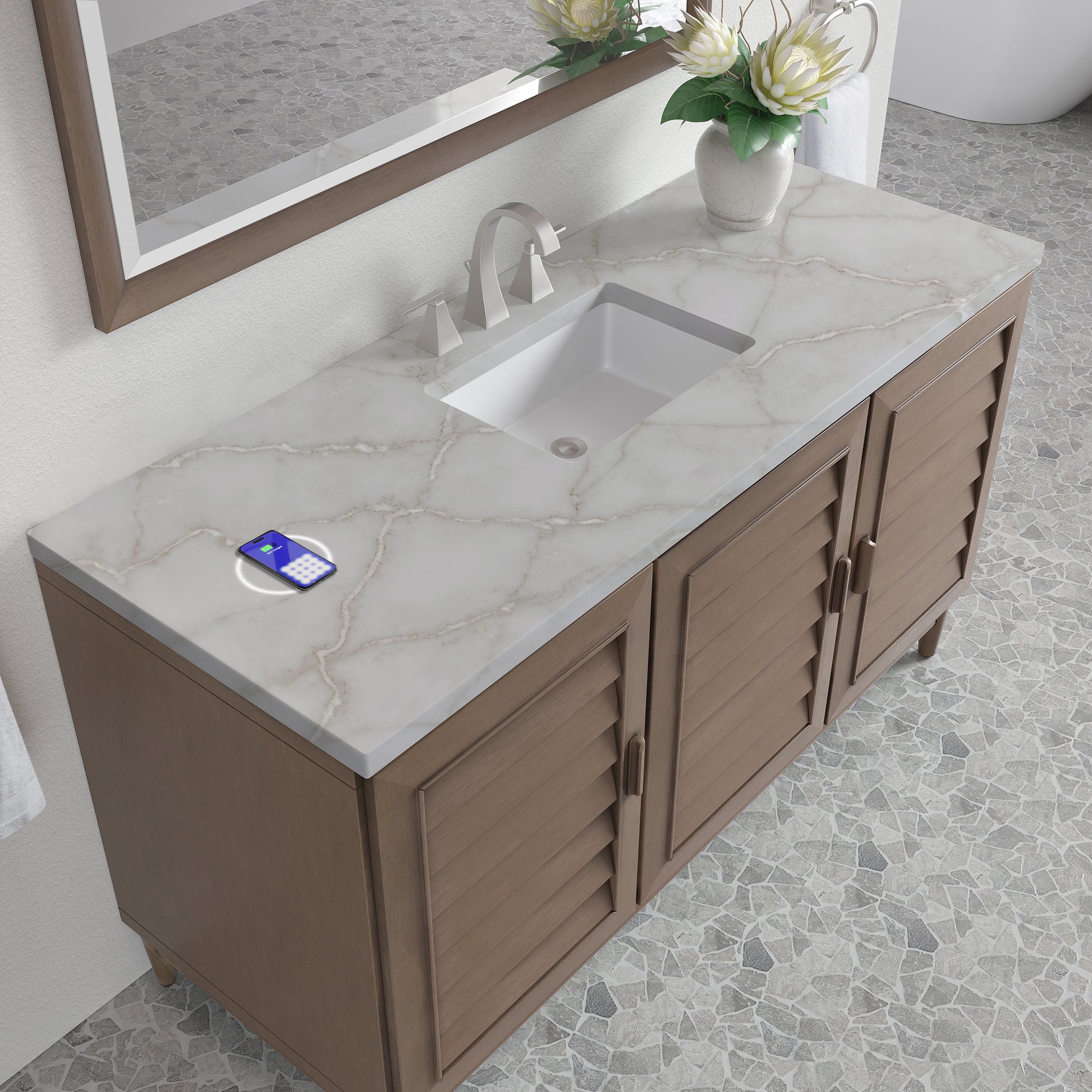James Martin Vanities Portland 60" Whitewashed Walnut Single Vanity With 3 cm Victorian Silver Silestone Top and FreePower Wireless Charger