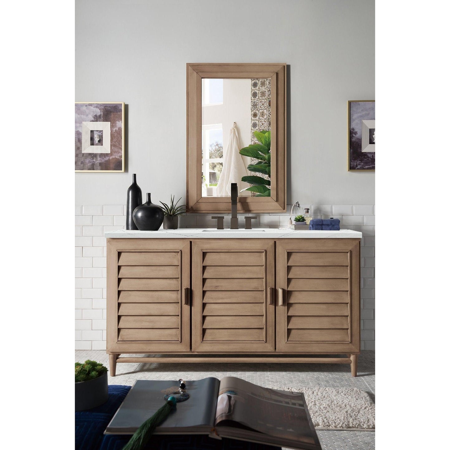 James Martin Vanities Portland 60" Whitewashed Walnut Single Vanity With 3cm Ethereal Noctis Quartz Top