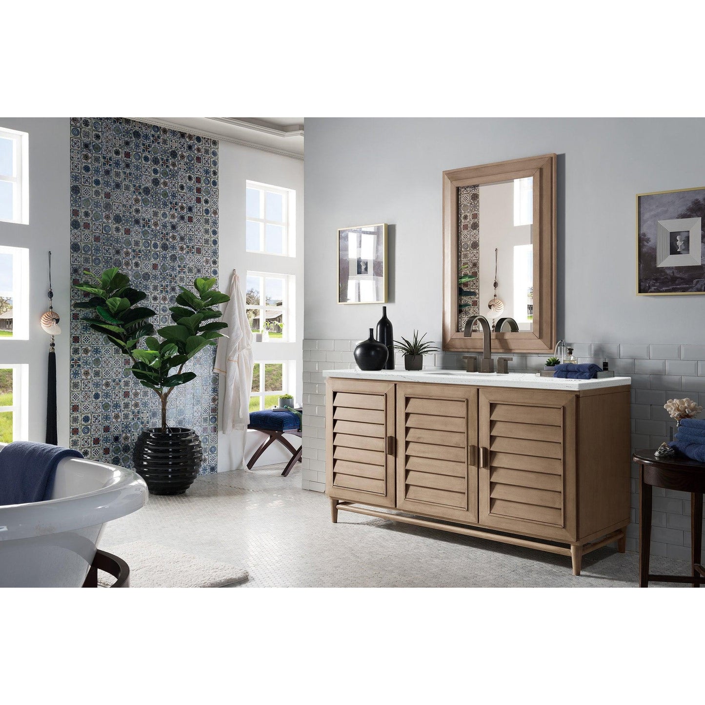 James Martin Vanities Portland 60" Whitewashed Walnut Single Vanity With 3cm Ethereal Noctis Quartz Top