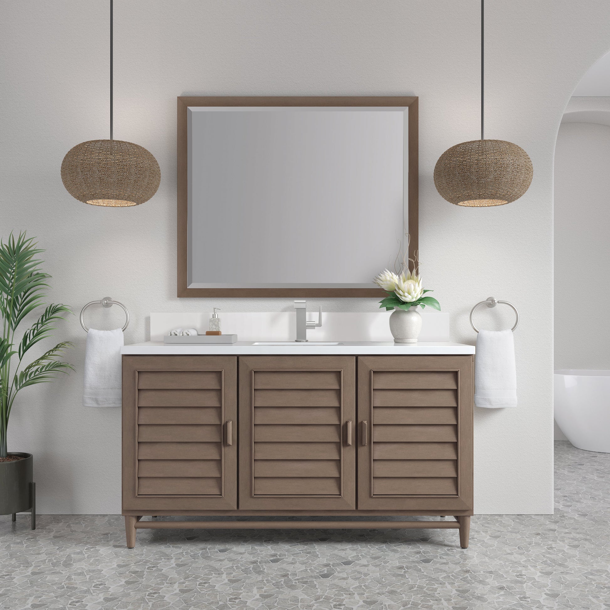 James Martin Vanities Portland 60" Whitewashed Walnut Single Vanity With Single Hole 3 cm White Zeus Quartz Top & Backsplash