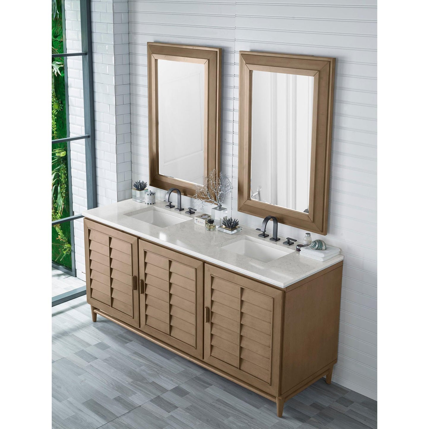 James Martin Vanities Portland 72" Whitewashed Walnut Double Vanity With 3 cm Eternal Jasmine Pearl Silestone Top and FreePower Wireless Charger
