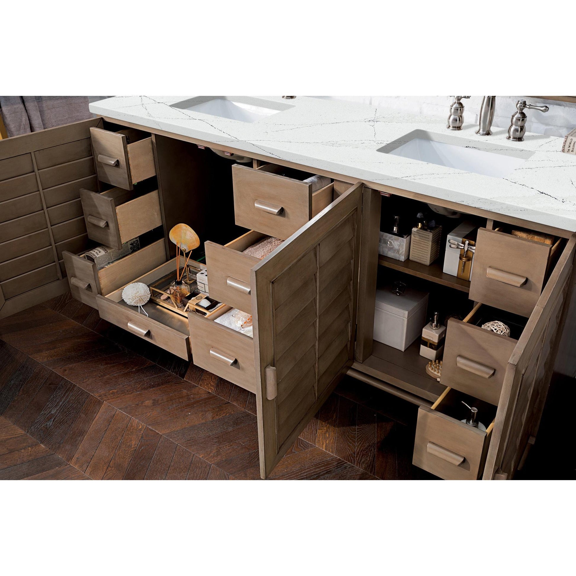 James Martin Vanities Portland 72" Whitewashed Walnut Double Vanity With 3 cm Ethereal Noctis Silestone Top and FreePower Wireless Charger