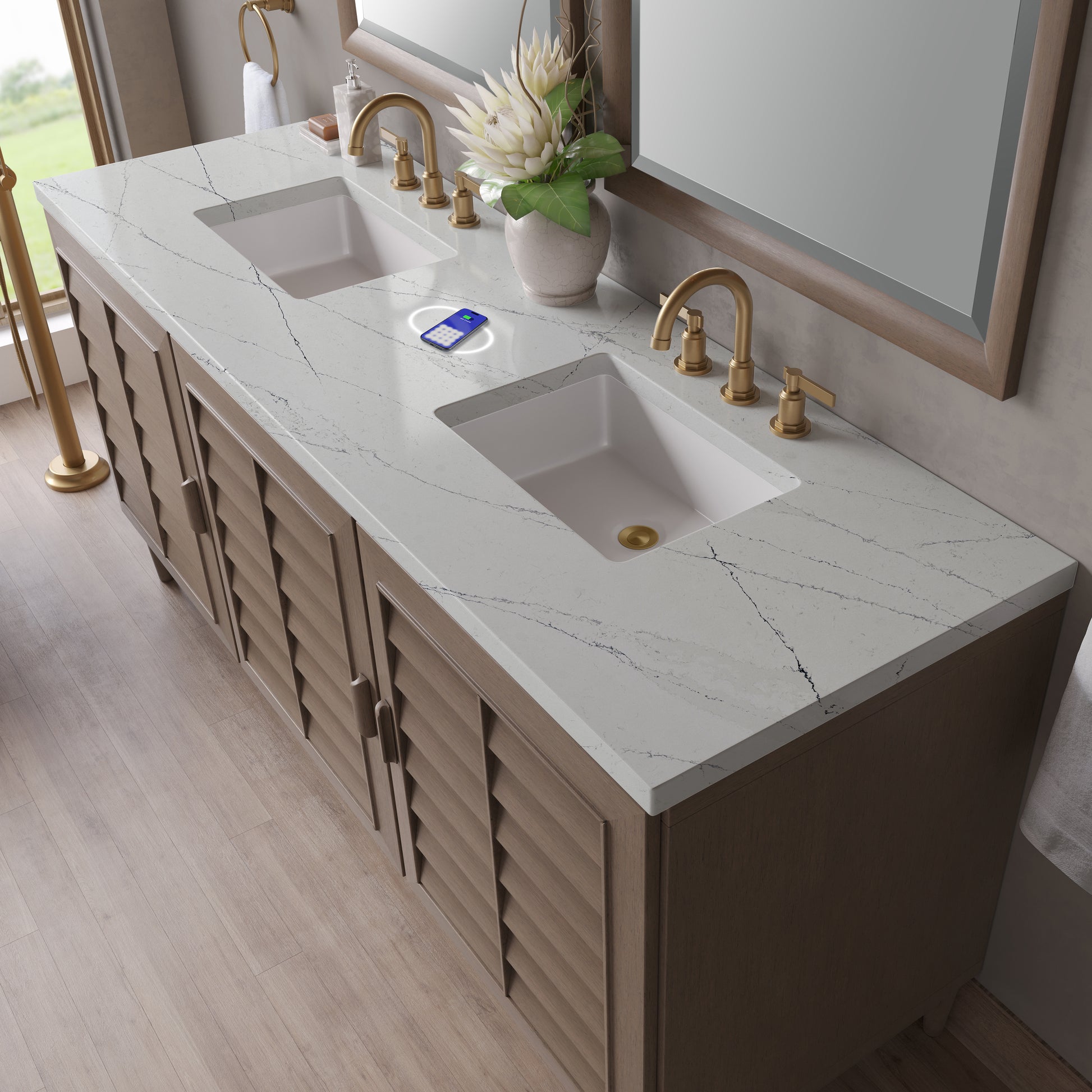 James Martin Vanities Portland 72" Whitewashed Walnut Double Vanity With 3 cm Ethereal Noctis Silestone Top and FreePower Wireless Charger