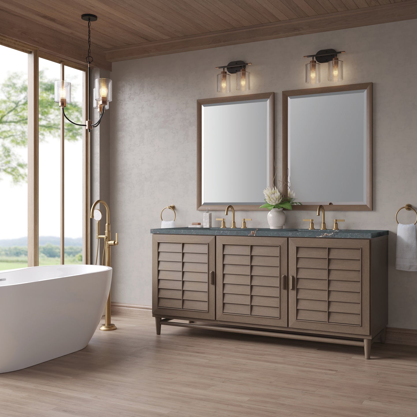 James Martin Vanities Portland 72" Whitewashed Walnut Double Vanity With 3 cm Parisien Bleu Silestone Top and FreePower Wireless Charger