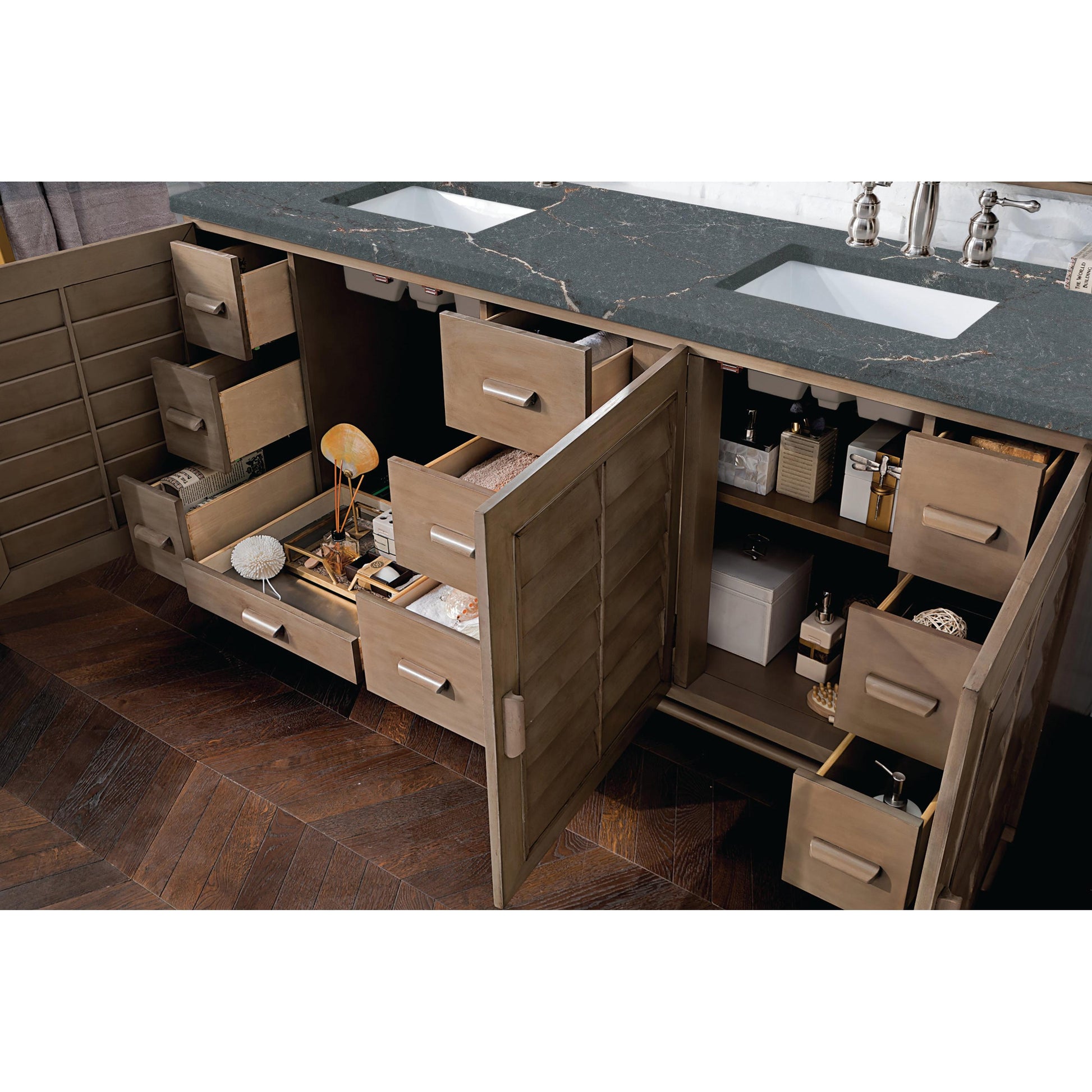 James Martin Vanities Portland 72" Whitewashed Walnut Double Vanity With 3 cm Parisien Bleu Silestone Top and FreePower Wireless Charger