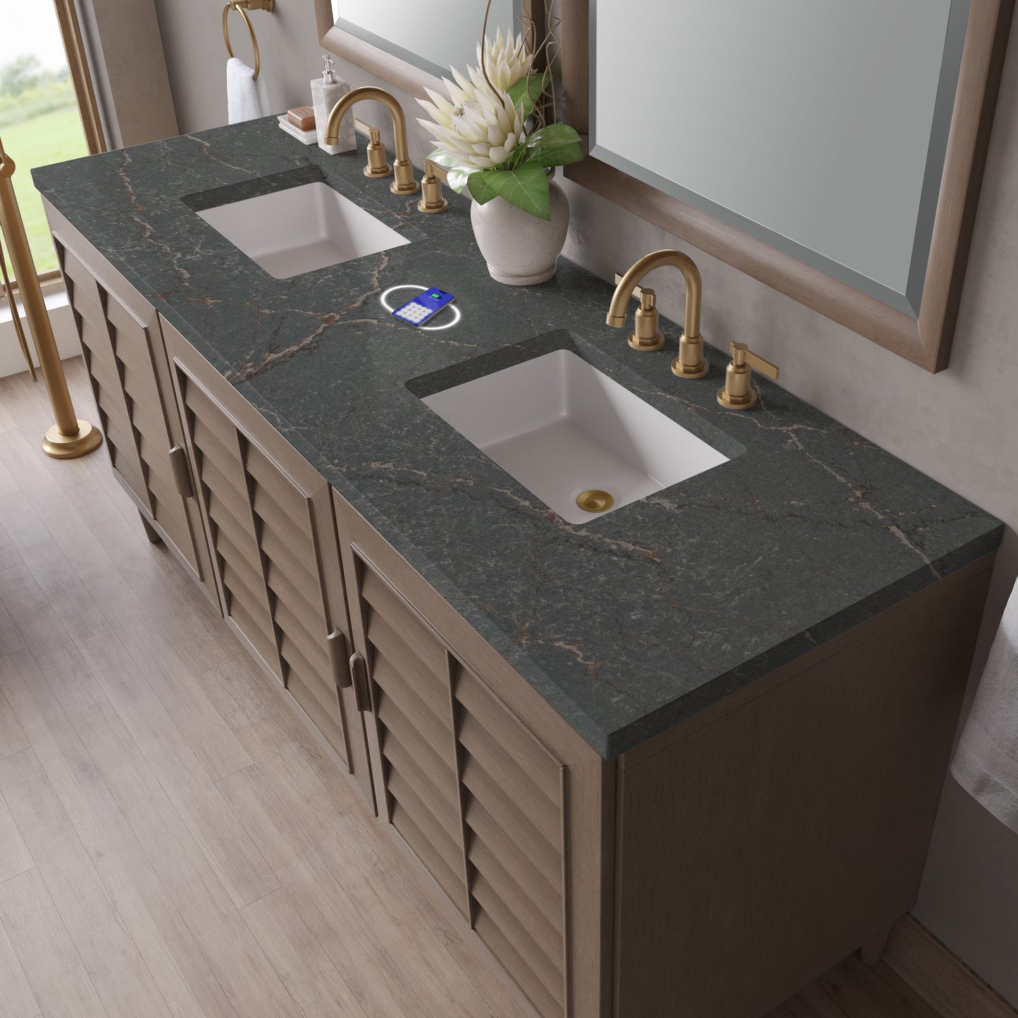 James Martin Vanities Portland 72" Whitewashed Walnut Double Vanity With 3 cm Parisien Bleu Silestone Top and FreePower Wireless Charger