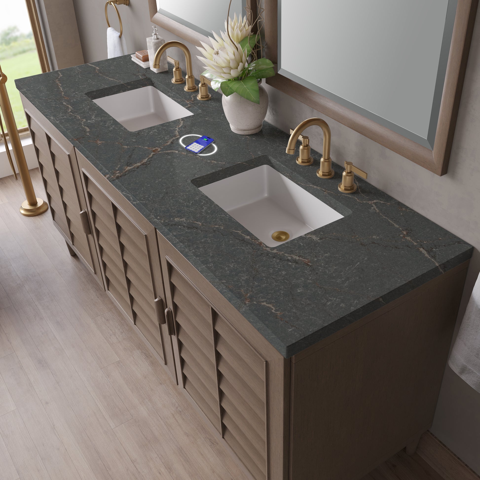 James Martin Vanities Portland 72" Whitewashed Walnut Double Vanity With 3 cm Parisien Bleu Silestone Top and FreePower Wireless Charger