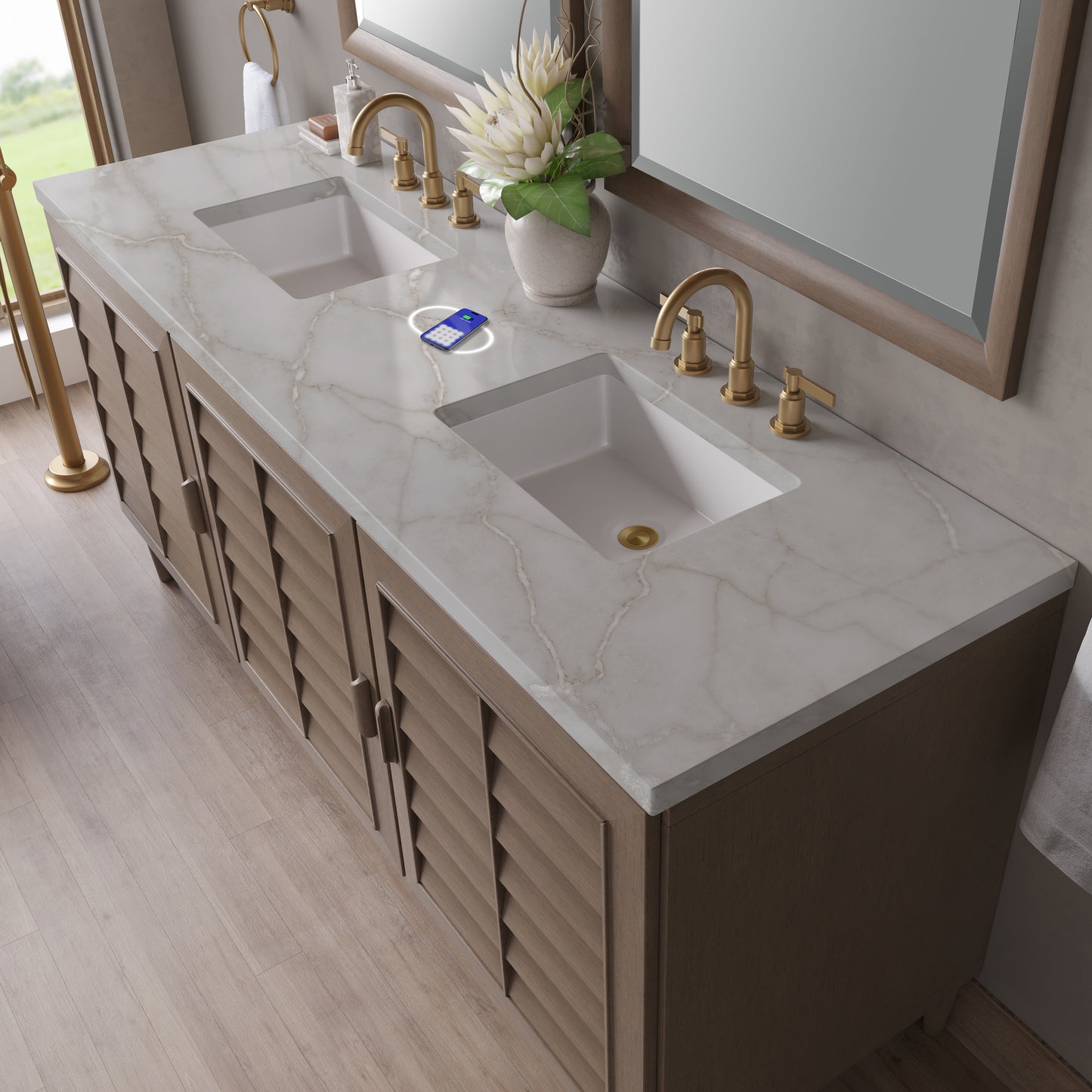 James Martin Vanities Portland 72" Whitewashed Walnut Double Vanity With 3 cm Victorian Silver Silestone Top and FreePower Wireless Charger