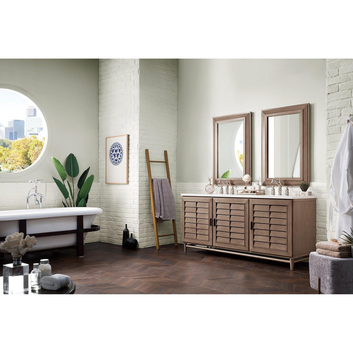 James Martin Vanities Portland 72" Whitewashed Walnut Double Vanity With 3cm Arctic Fall Solid Surface Top