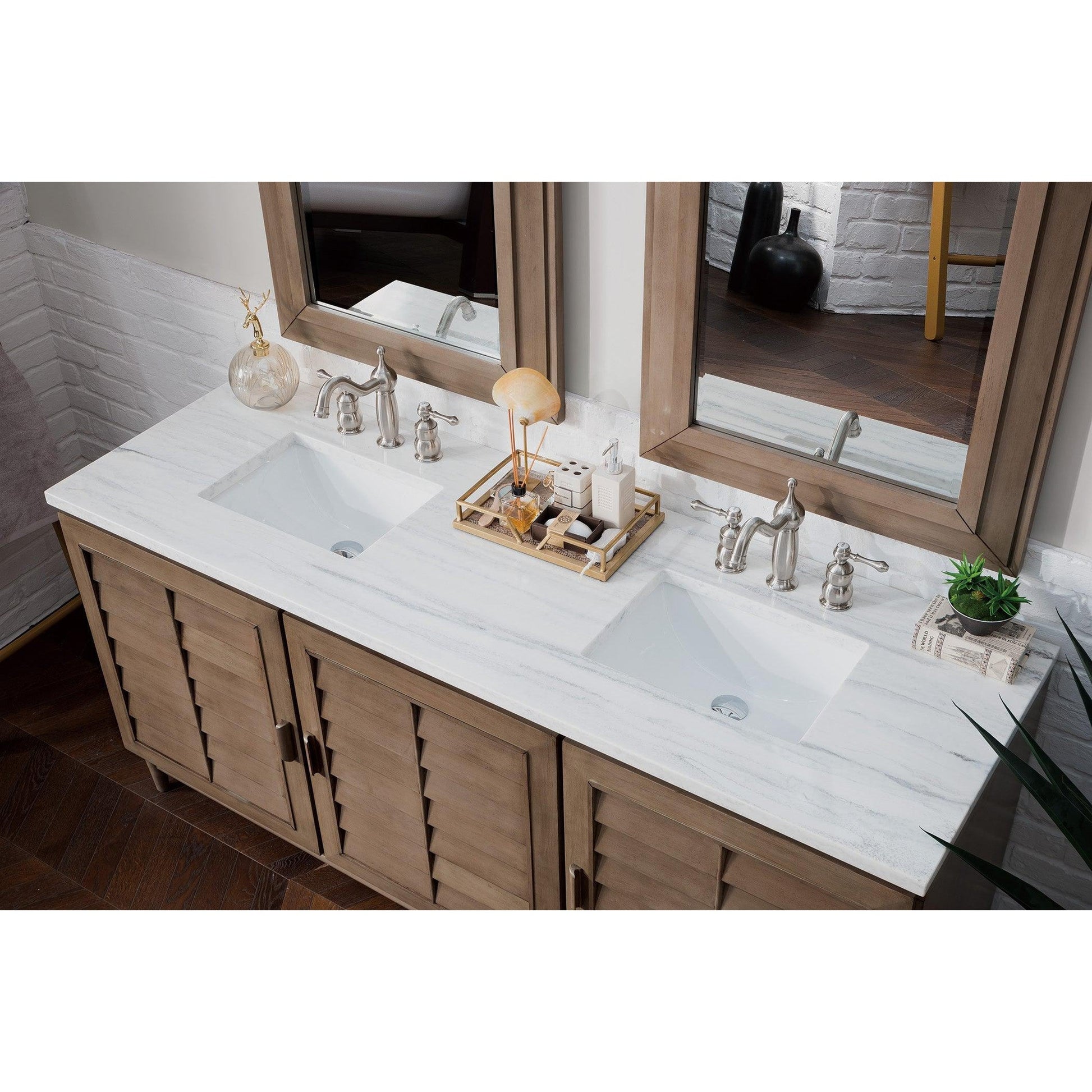 James Martin Vanities Portland 72" Whitewashed Walnut Double Vanity With 3cm Arctic Fall Solid Surface Top