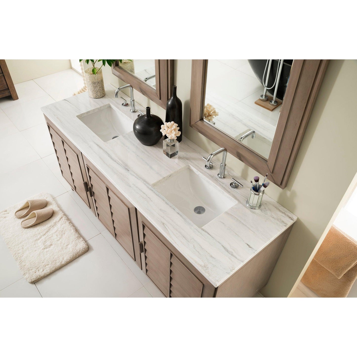 James Martin Vanities Portland 72" Whitewashed Walnut Double Vanity With 3cm Arctic Fall Solid Surface Top