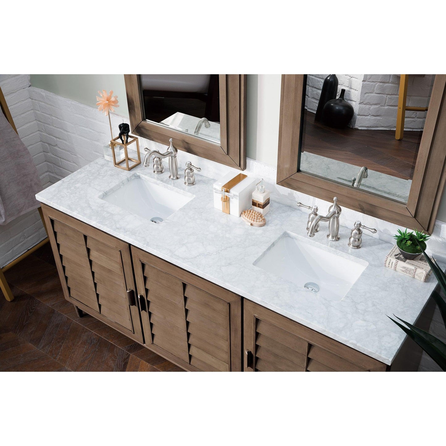 James Martin Vanities Portland 72" Whitewashed Walnut Double Vanity With 3cm Carrara Marble Top