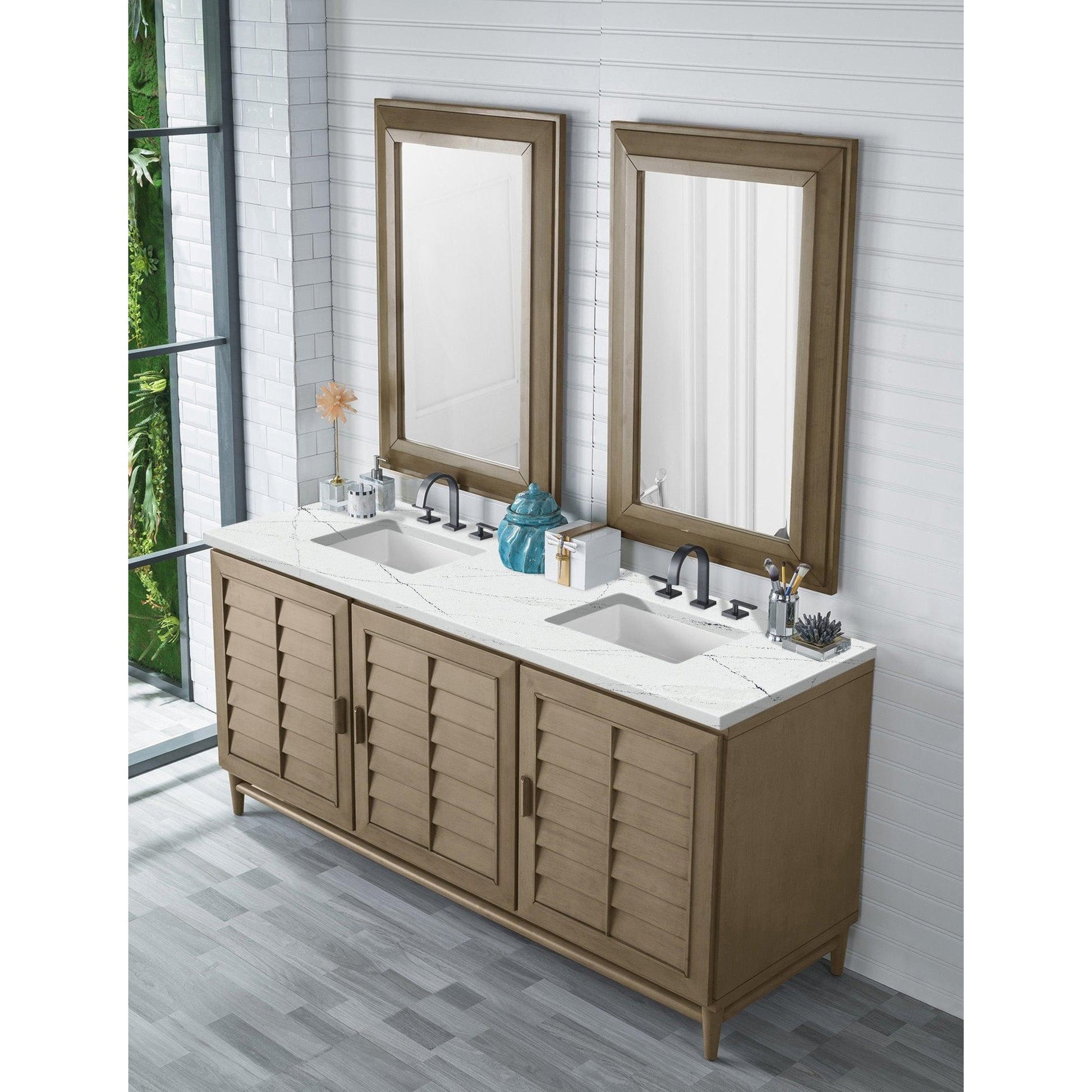 James Martin Vanities Portland 72" Whitewashed Walnut Double Vanity With 3cm Ethereal Noctis Quartz Top