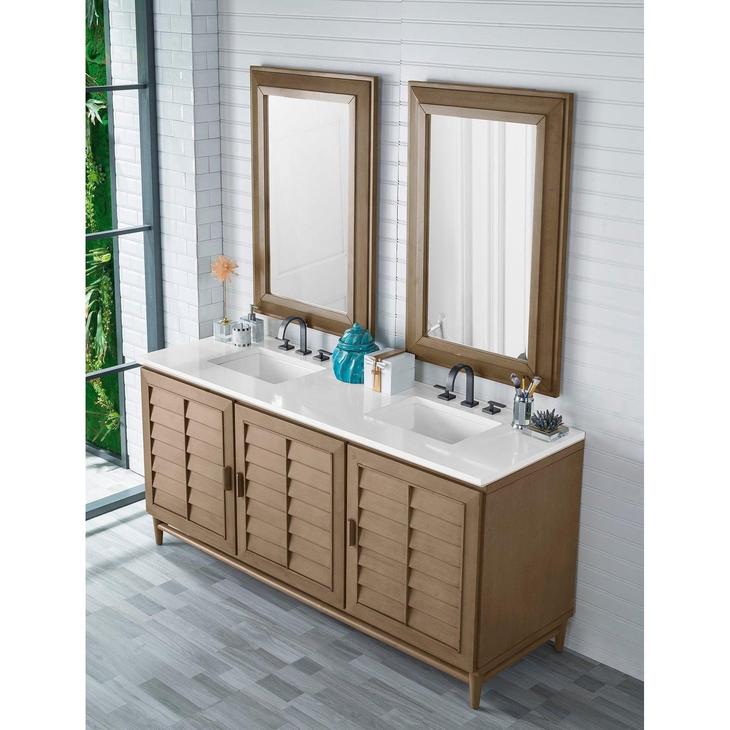 James Martin Vanities Portland 72" Whitewashed Walnut Double Vanity With 3cm White Zeus Quartz Top