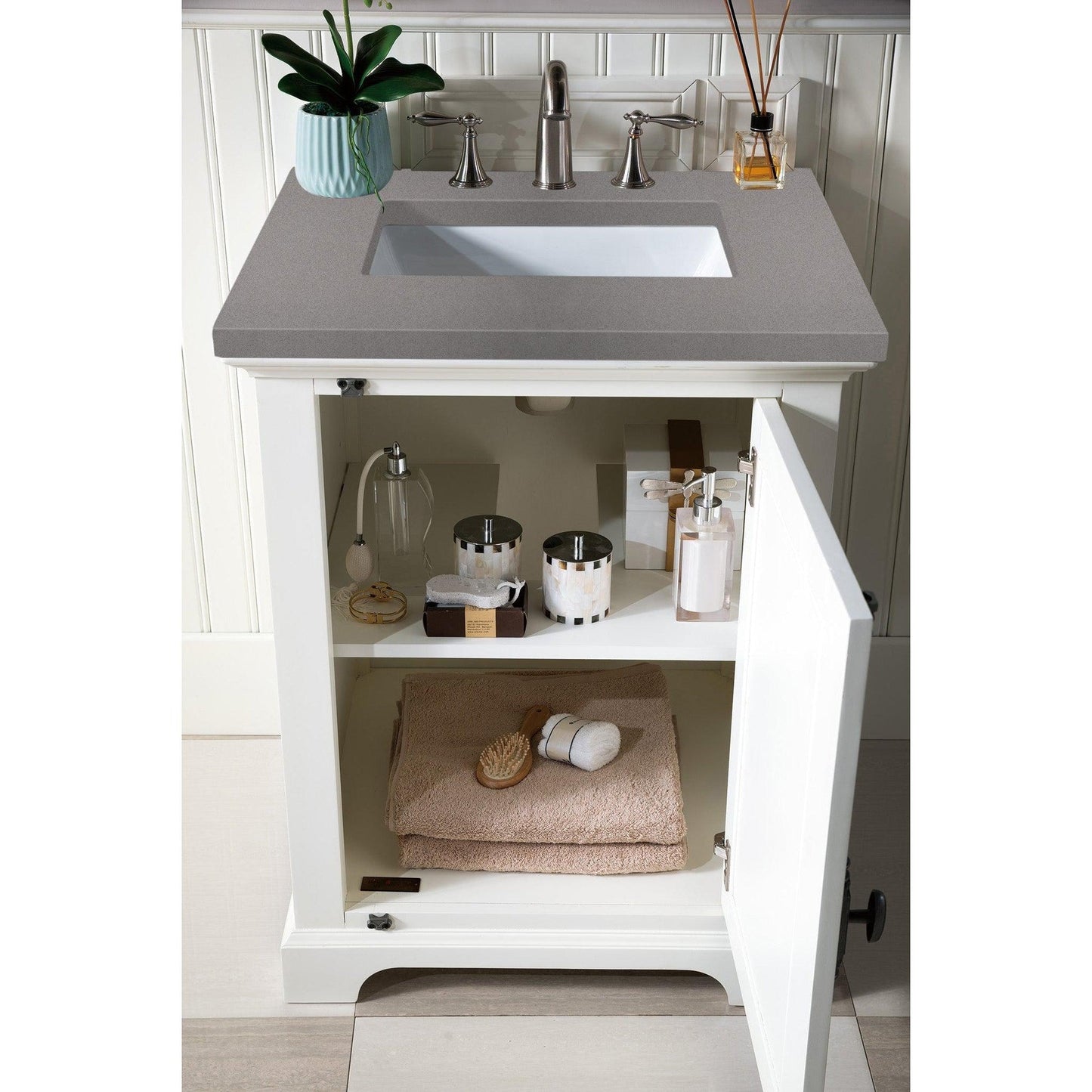 James Martin Vanities Providence 26" Bright White Single Vanity Cabinet With 3cm Grey Expo Quartz Top