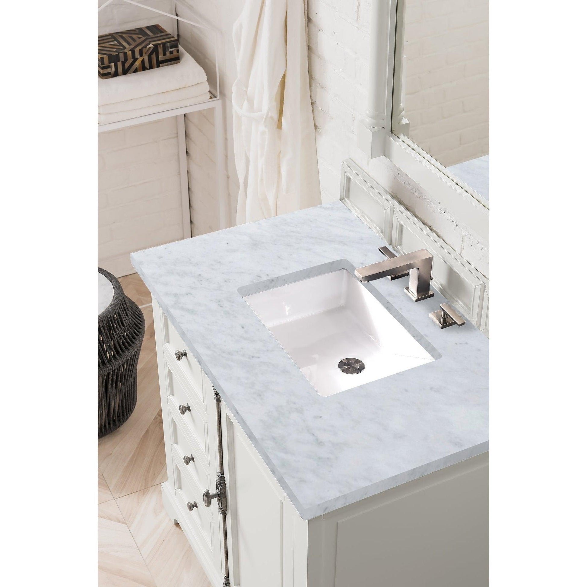 James Martin Vanities Providence 36" Bright White Single Vanity With 3cm Carrara Marble Top