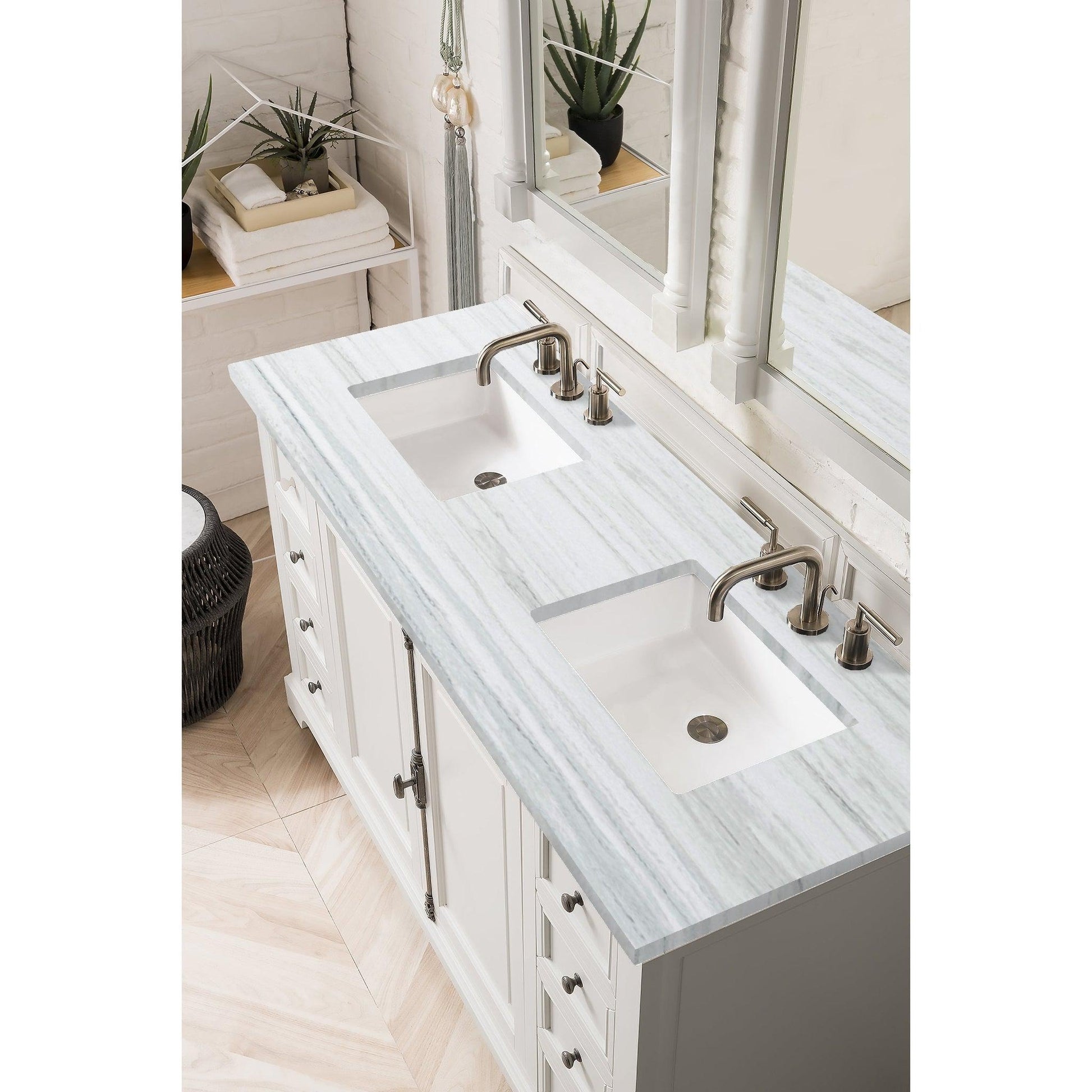 James Martin Vanities Providence 60" Bright White Double Vanity Cabinet With 3cm Arctic Fall Solid Surface Top