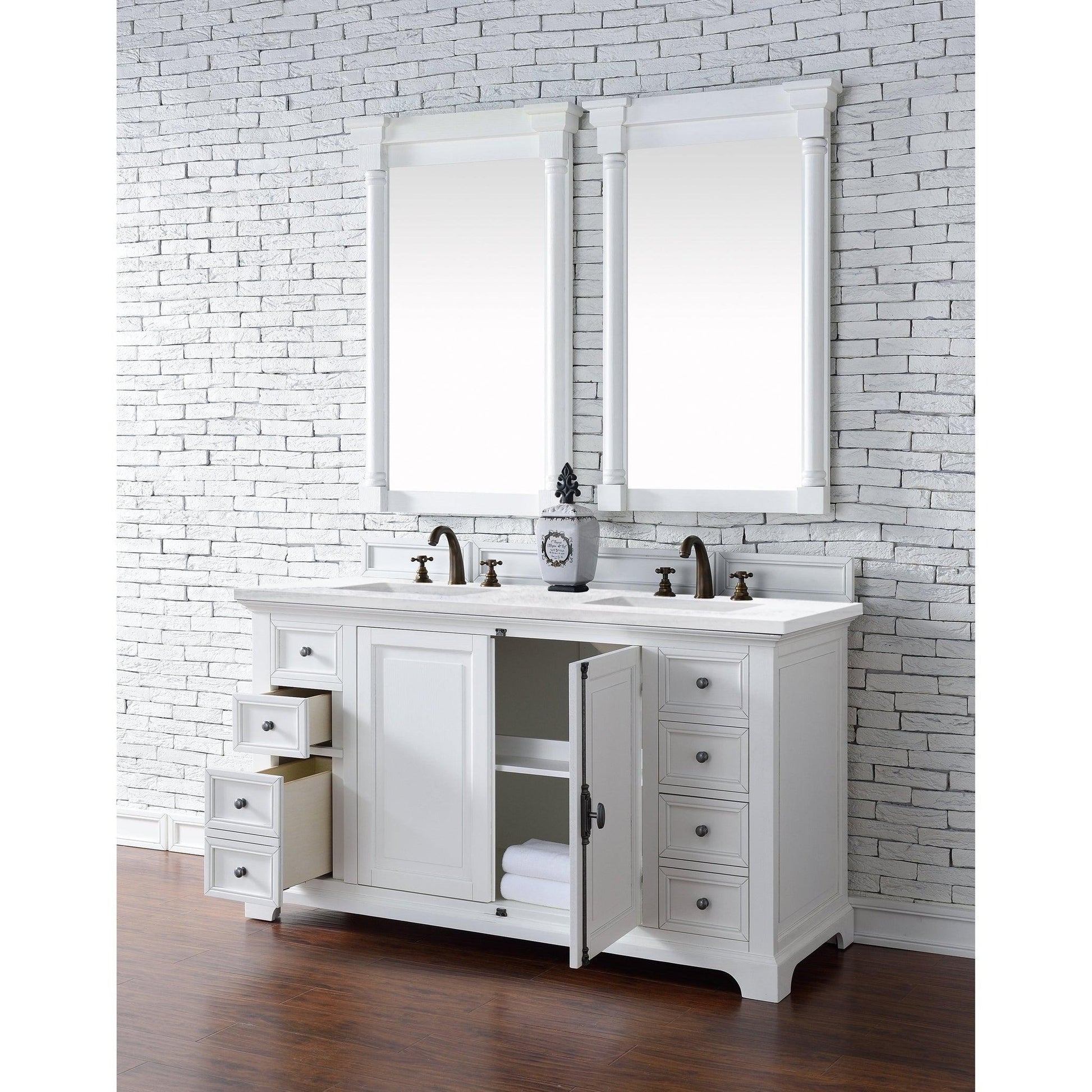 James Martin Vanities Providence 60" Bright White Double Vanity Cabinet With 3cm Arctic Fall Solid Surface Top