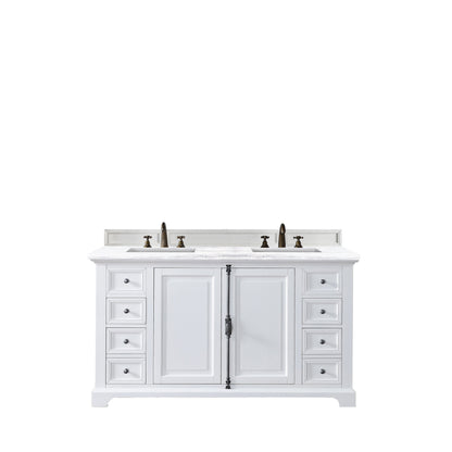 James Martin Vanities Providence 60" Bright White Double Vanity Cabinet With 3cm Arctic Fall Solid Surface Top